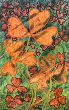Vintage 1960's British Surrealist Oil Painting - Orange 3 Leaf Clover Abstract
