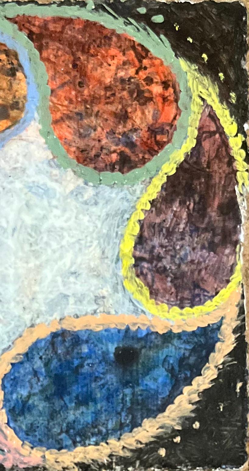Óleo surrealista británico de los años 60 - Formas en órbita - Abstract Painting Gris de Elvic Steele