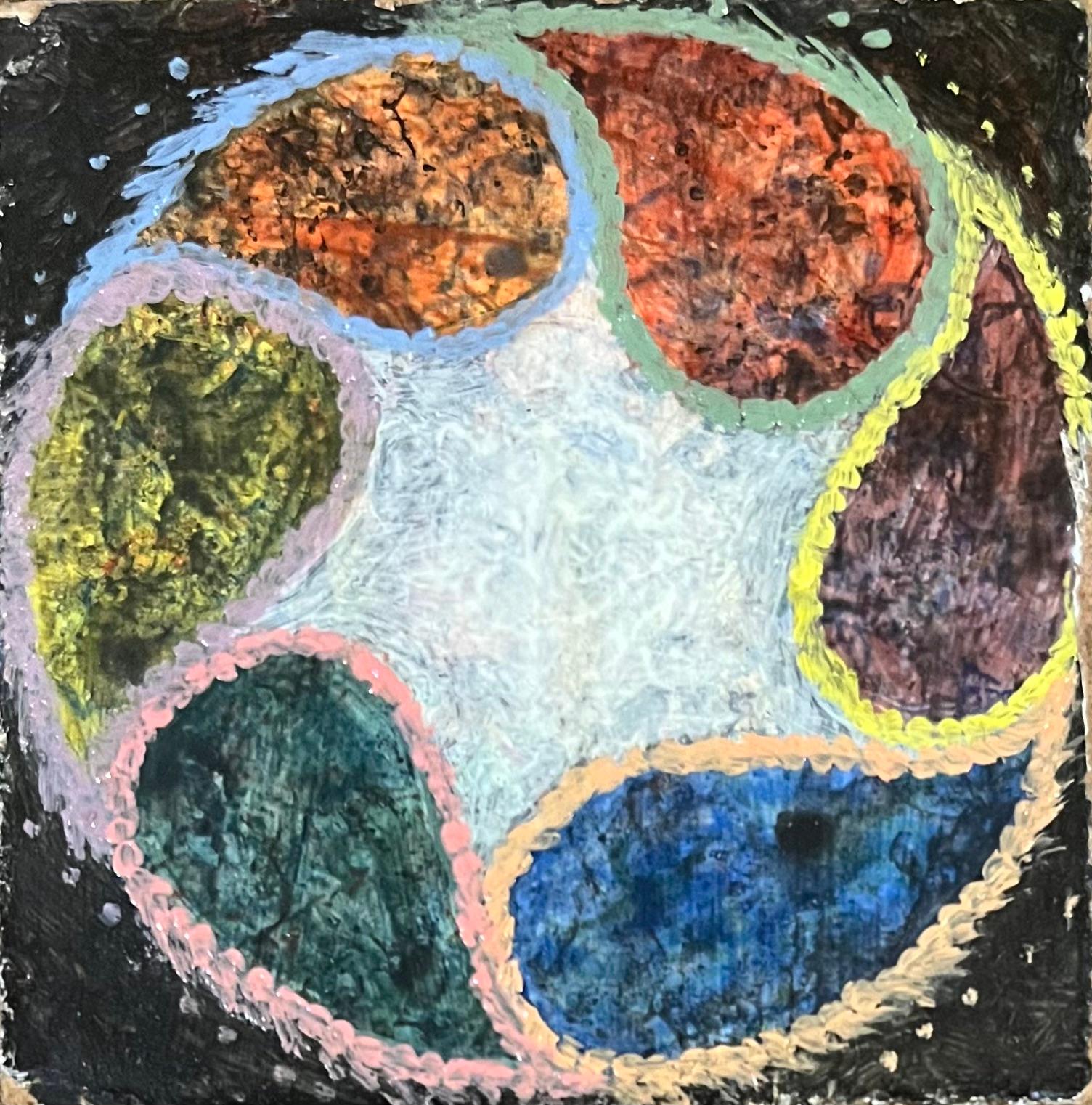 Abstract Painting de Elvic Steele - Óleo surrealista británico de los años 60 - Formas en órbita