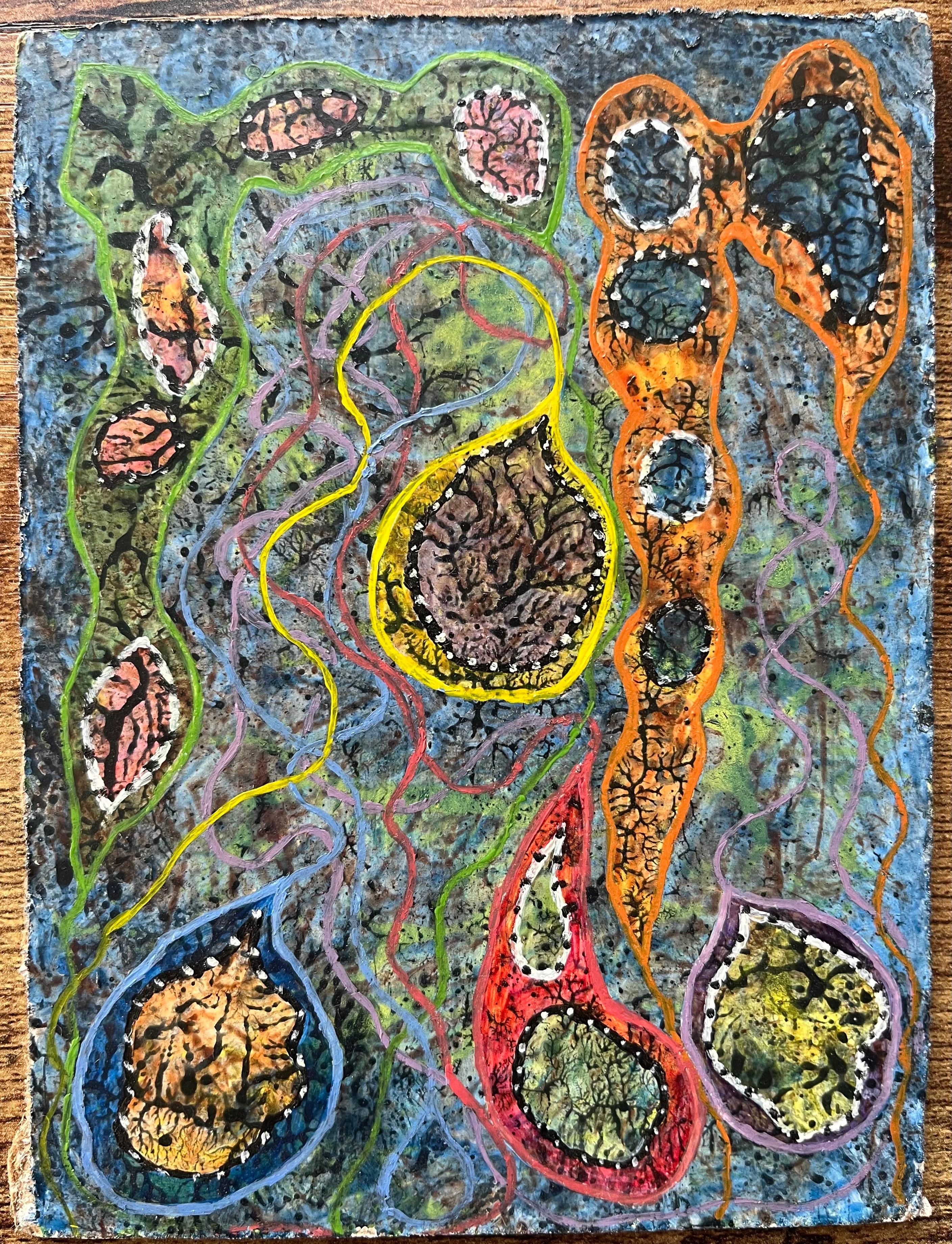 1960's British Surrealist Oil Painting - 'Primitive Pond Life' Abstract - Gray Abstract Painting by Elvic Steele