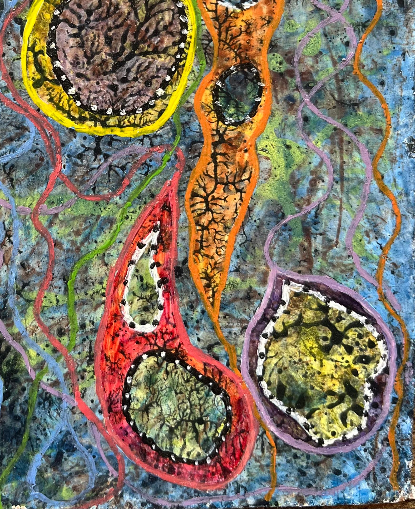 Title: 1960's British Surrealist Oil Painting - 'Primitive Pond Life' Abstract
Artist: Elvic Steele
Medium: Oil on board, unframed
Size: 6 height x 4.5 width
Condition: Good 
Provenance: all the paintings we have by this artist have come from the