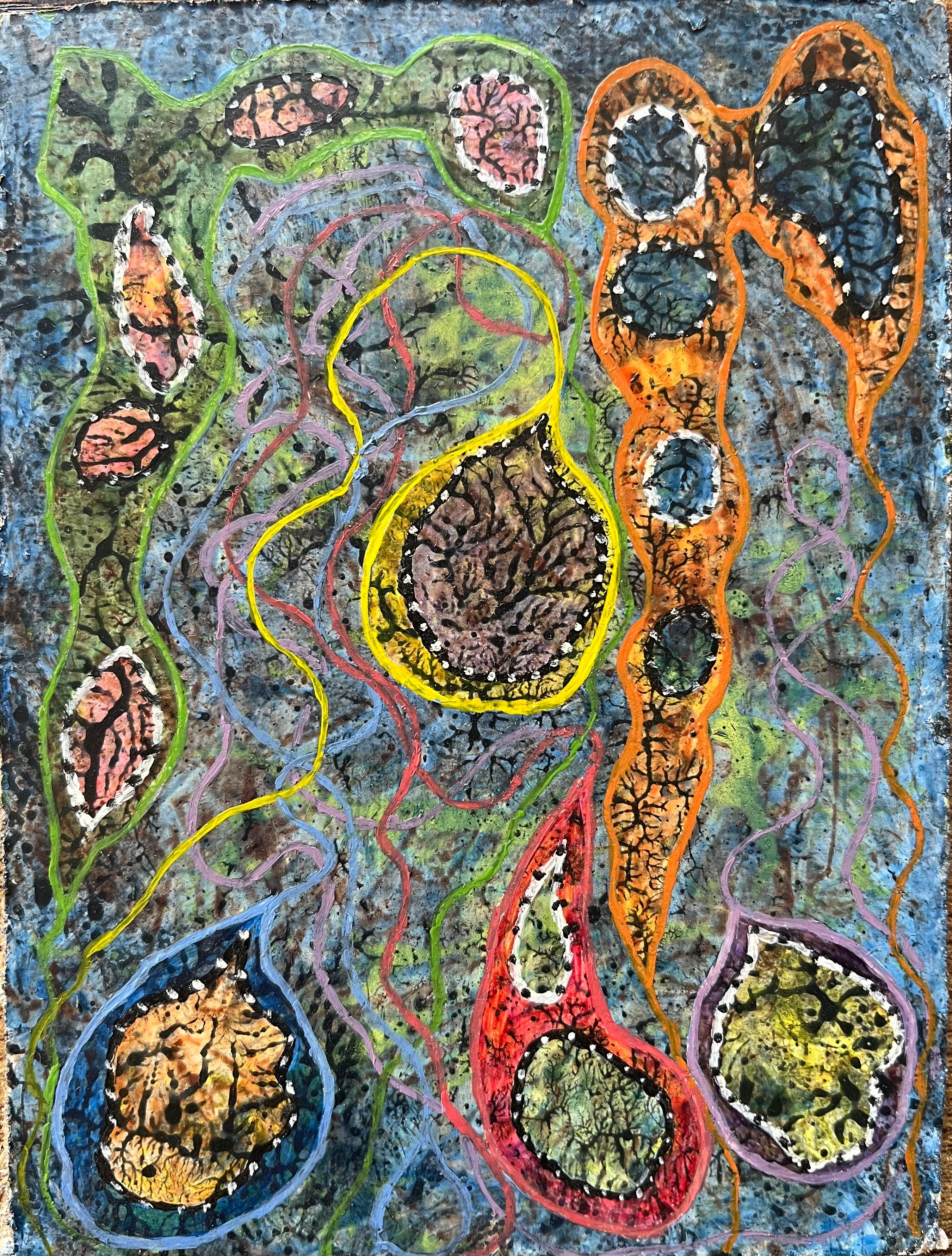 Elvic Steele Abstract Painting - 1960's British Surrealist Oil Painting - 'Primitive Pond Life' Abstract