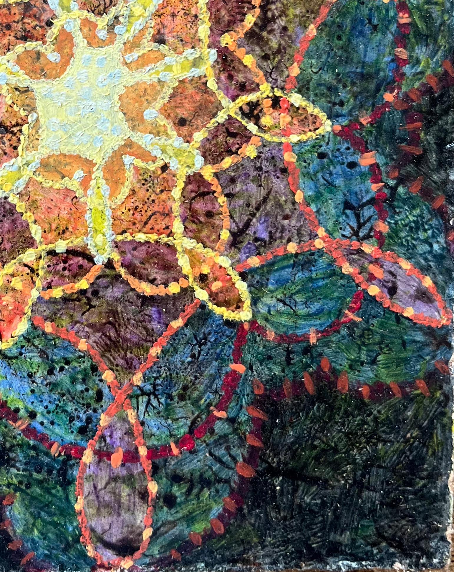 Pittura ad olio surrealista britannica degli anni '60 - Fiore radioso in orbita - Painting Surrealismo di Elvic Steele