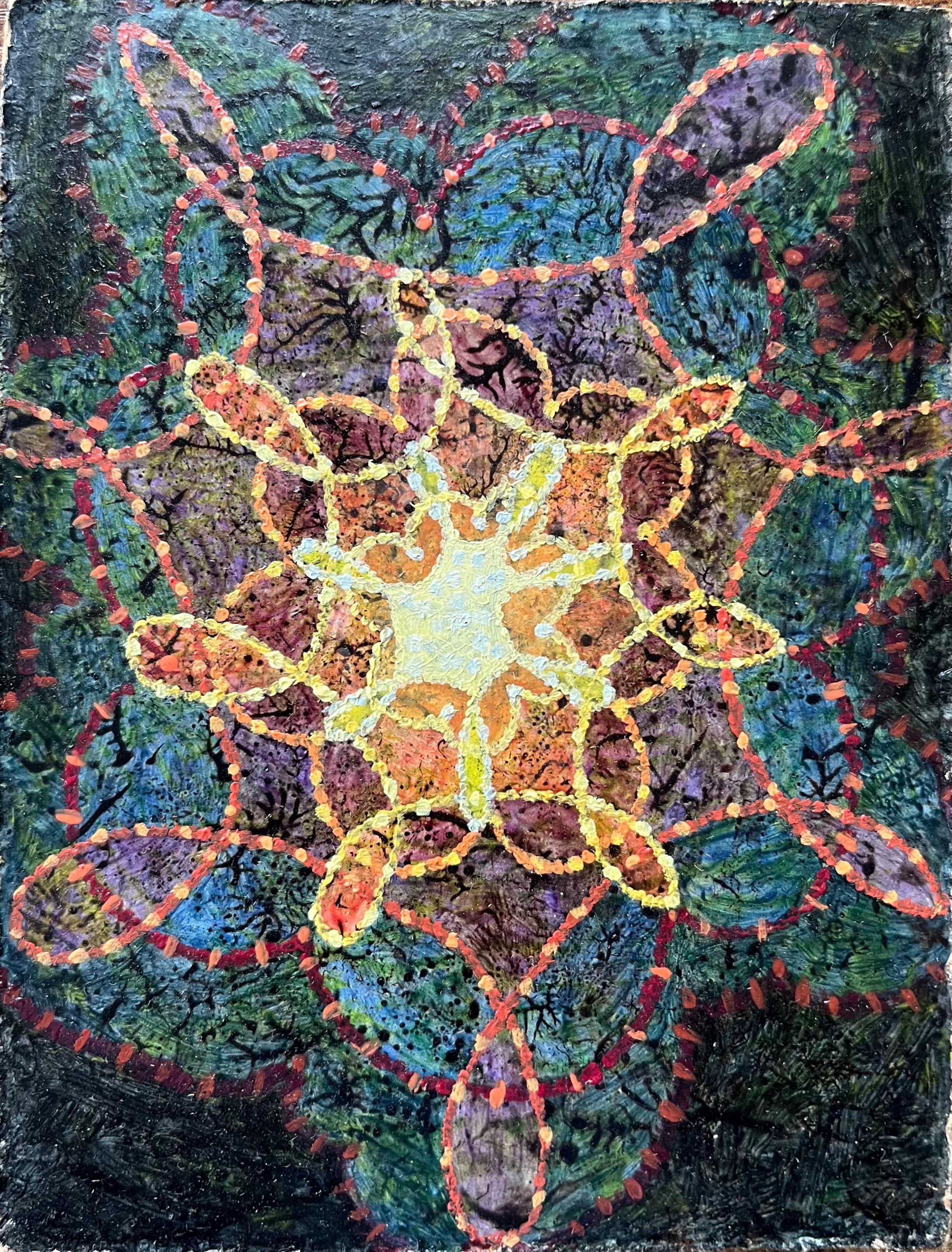 Abstract Painting di Elvic Steele - Pittura ad olio surrealista britannica degli anni '60 - Fiore radioso in orbita