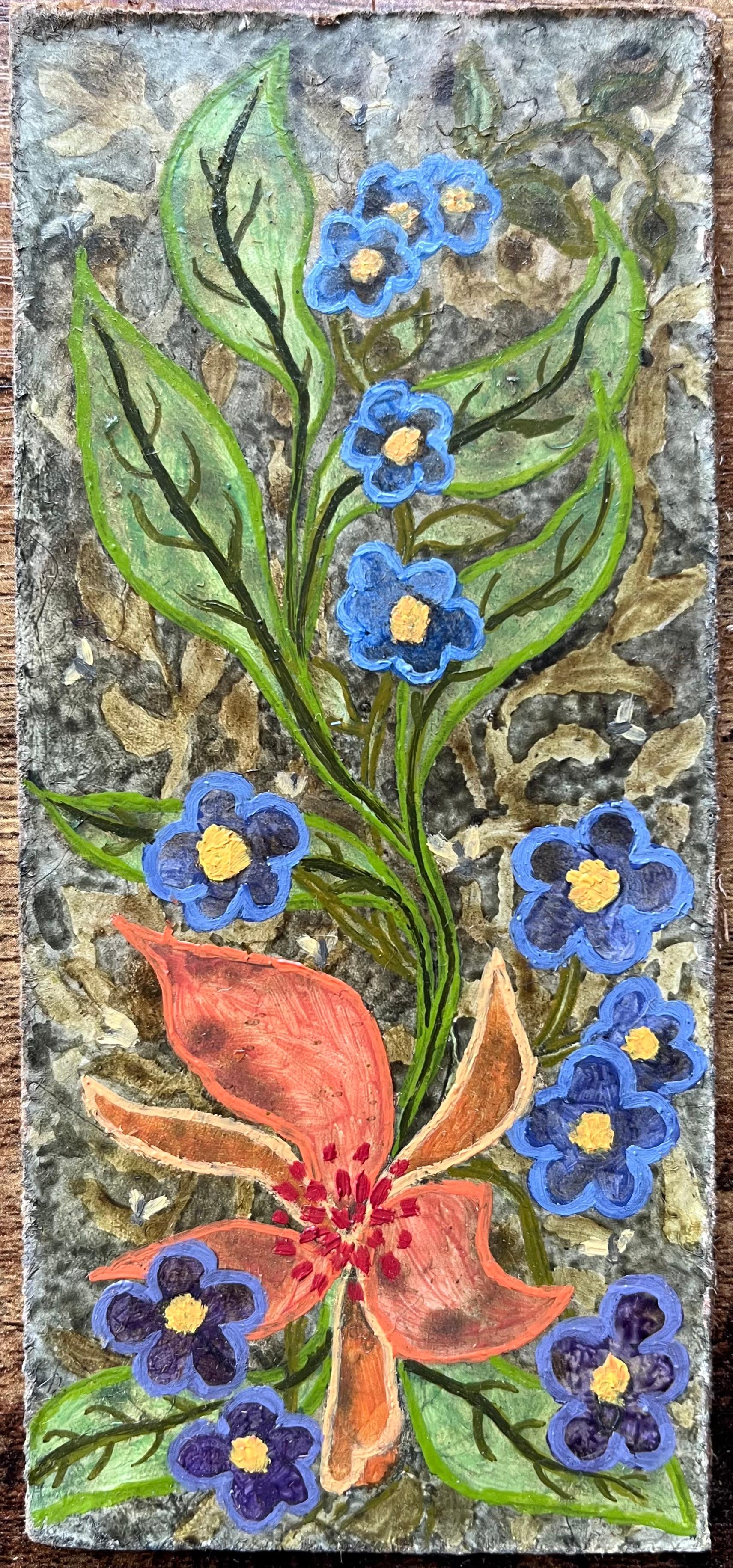 1960's British Surrealist Ölgemälde - Rote Lilie und blaue Vergissmeinnicht Studie – Painting von Elvic Steele