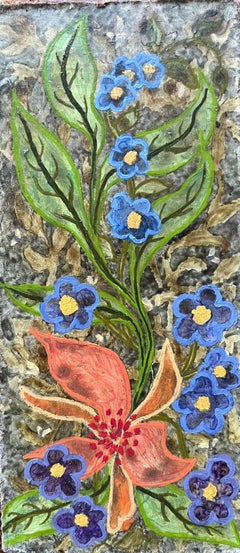 1960's British Surrealist Oil Painting - Red Lily and Blue Forget-Me-Nots Study