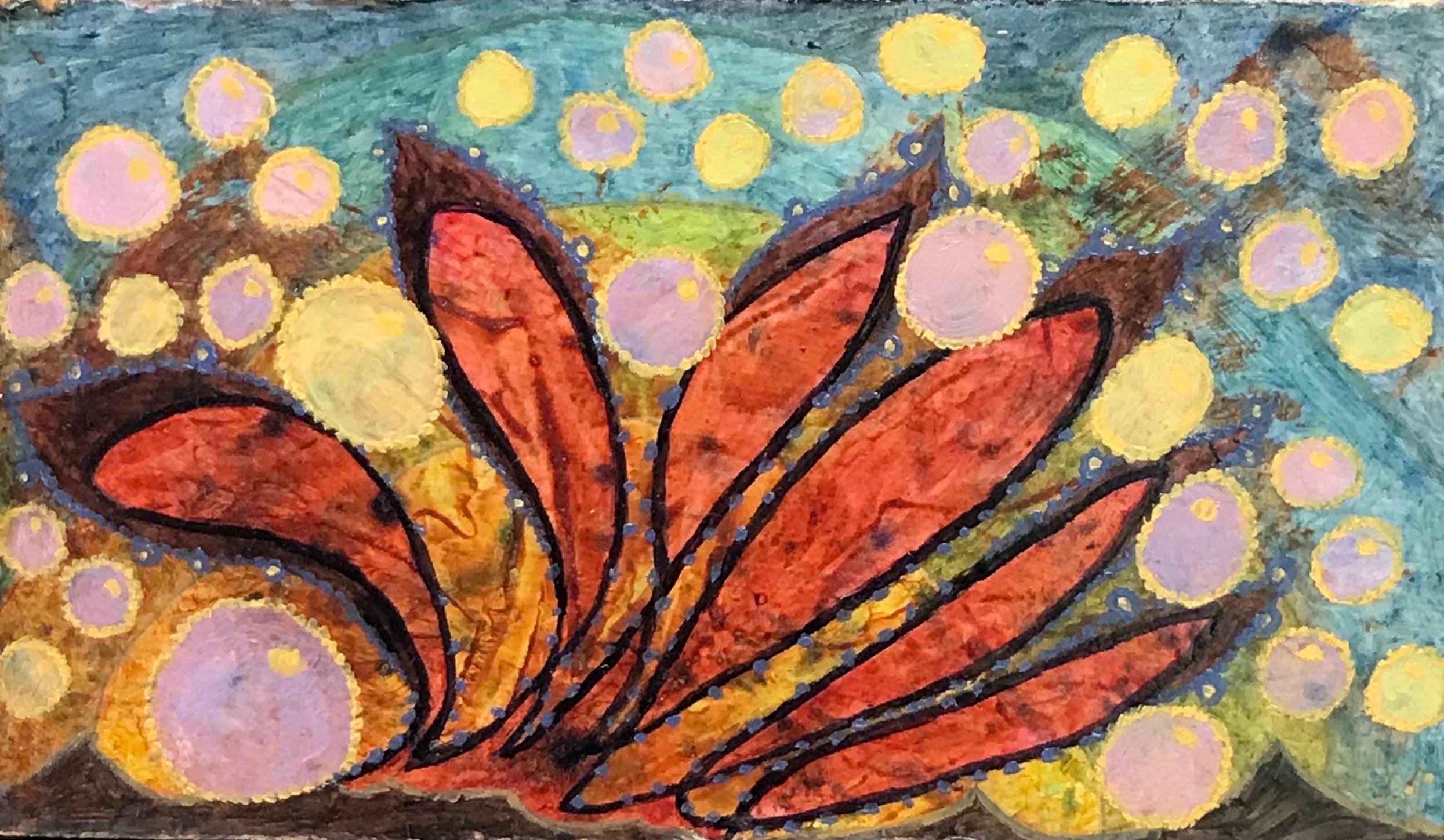 Abstract Painting di Elvic Steele - Pittura ad olio surrealista britannica degli anni '60 - Fantasia astratta "Alghe rosse