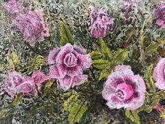 1960's British Surrealist Oil Painting Roses in Garden Setting