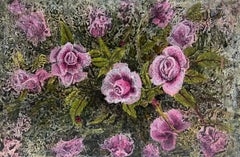 1960
s British Surrealist Oil Painting Roses in Garden Setting