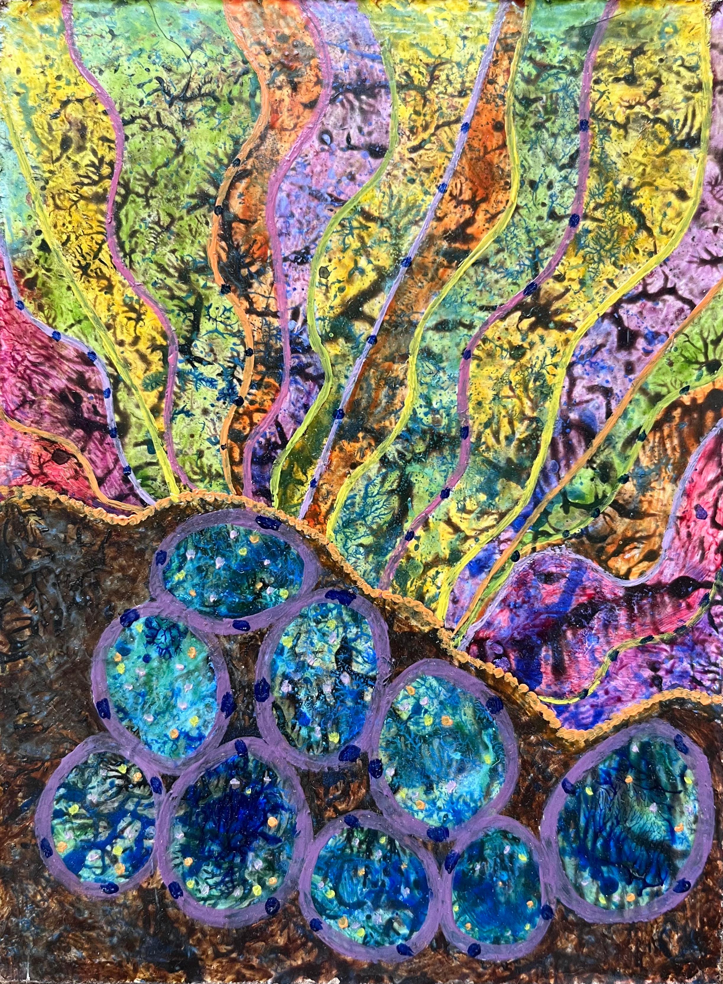 Abstract Painting di Elvic Steele - Pittura ad olio surrealista britannica degli anni '60 - "Segreti + pubblicità"