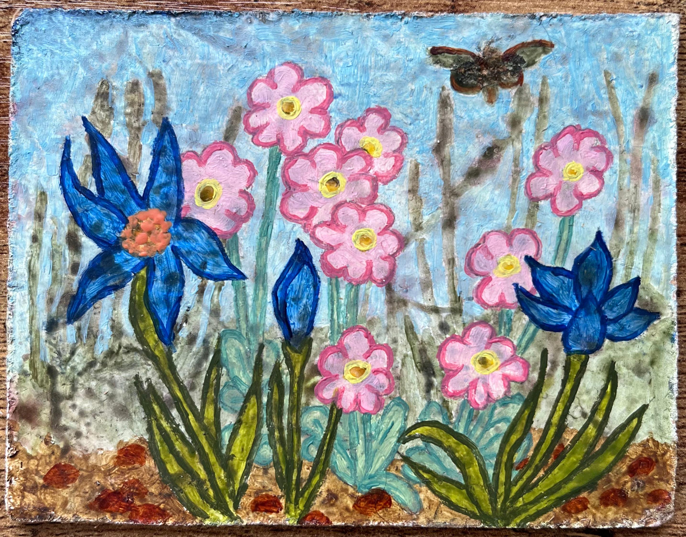 Pittura a olio surrealista britannica degli anni '60 - Fioritura primaverile sotto un cielo blu - Painting di Elvic Steele