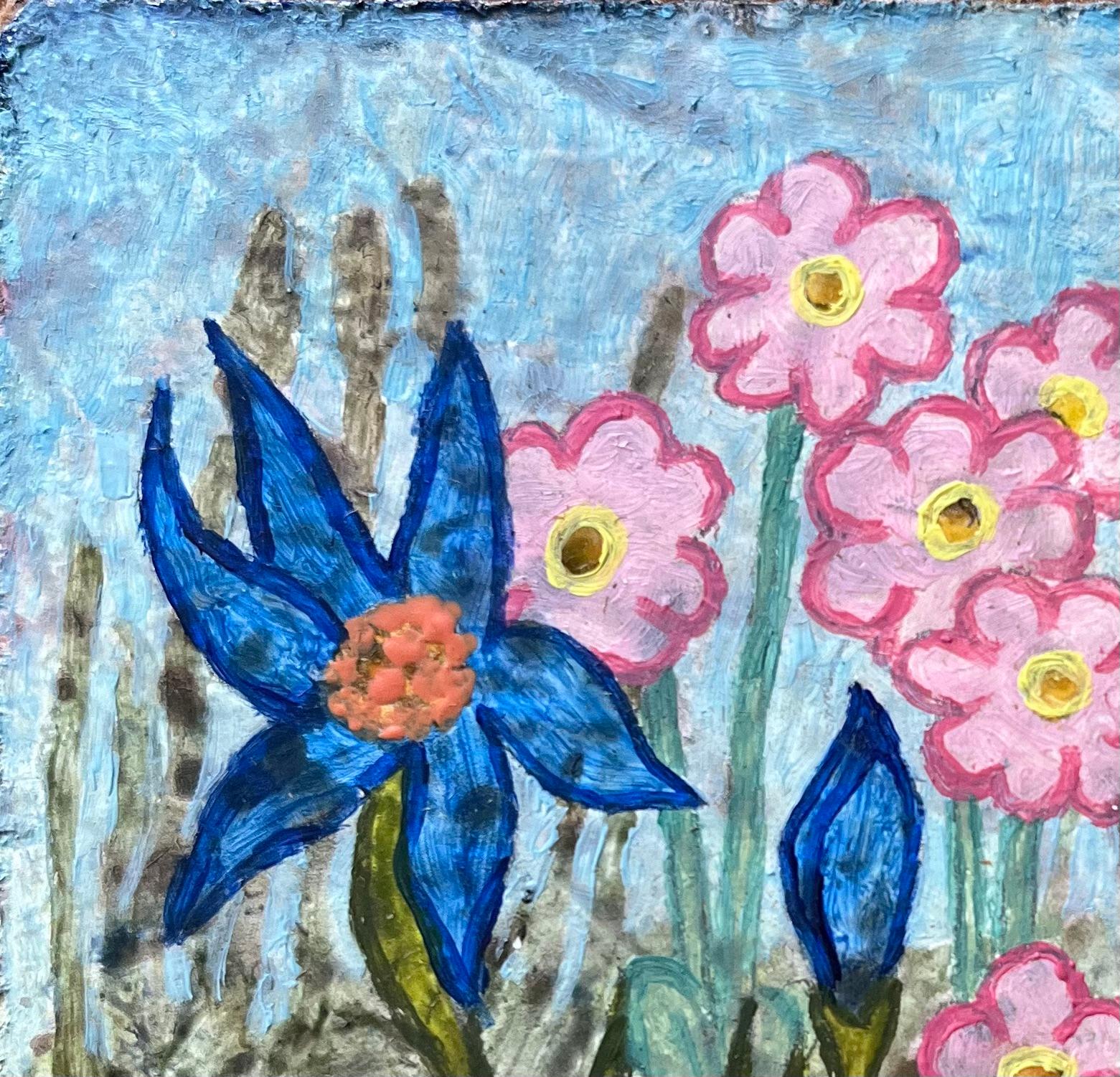 Pittura a olio surrealista britannica degli anni '60 - Fioritura primaverile sotto un cielo blu - Painting Surrealismo di Elvic Steele