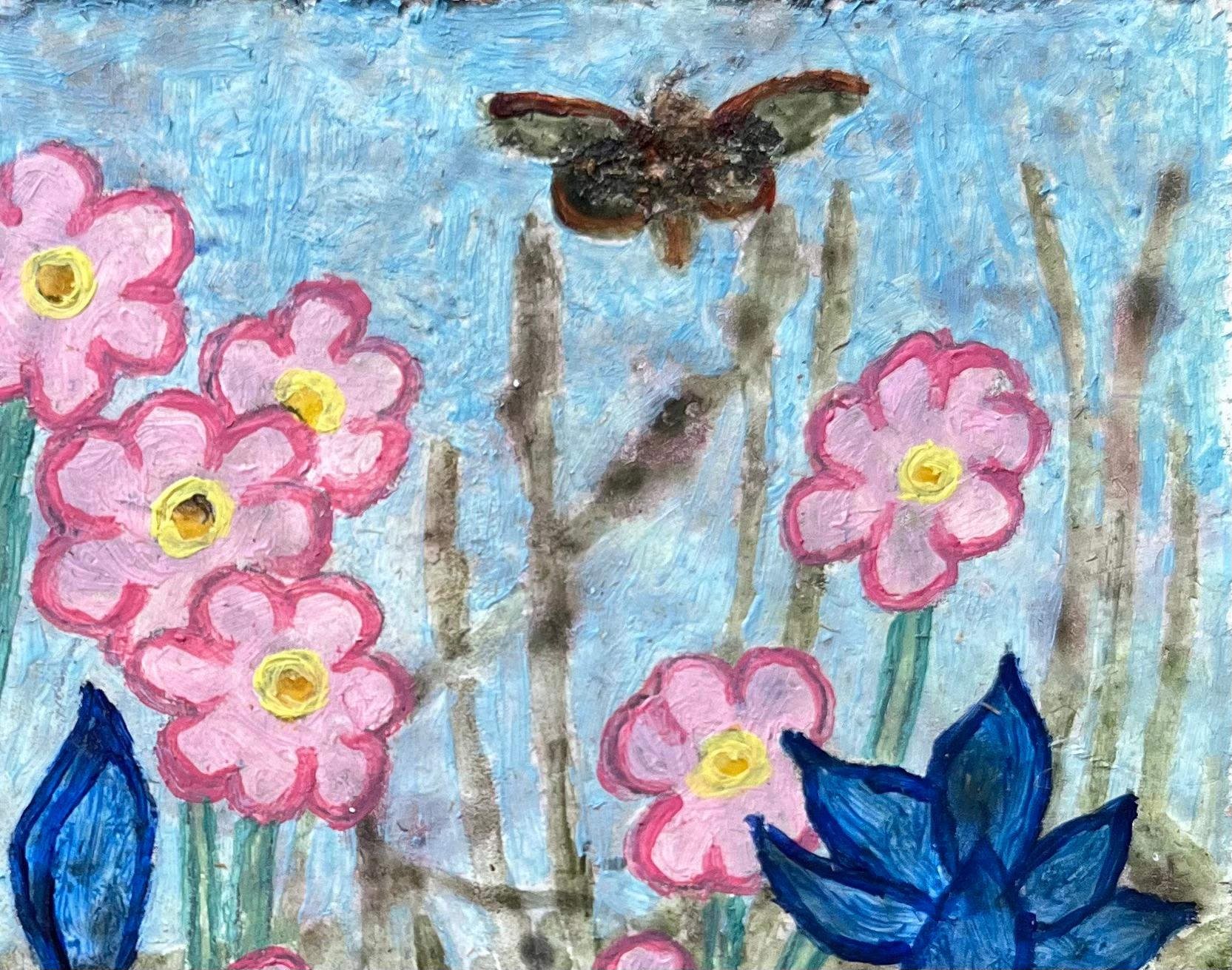 Pittura a olio surrealista britannica degli anni '60 - Fioritura primaverile sotto un cielo blu - Abstract Painting Grigio di Elvic Steele