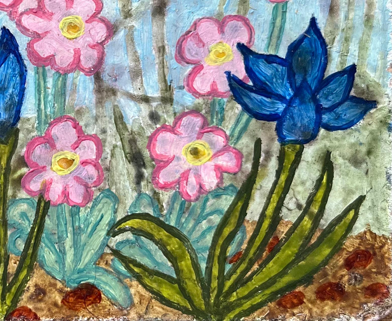 Titolo: Pittura ad olio surrealista britannica degli anni '60 - Fioritura primaverile sotto un cielo blu
Mezzo: Olio su tavola, senza cornice
Dimensioni: 3,5 altezza x 4,5 larghezza
Condizioni: Buono 
Provenienza: tutti i quadri che abbiamo di