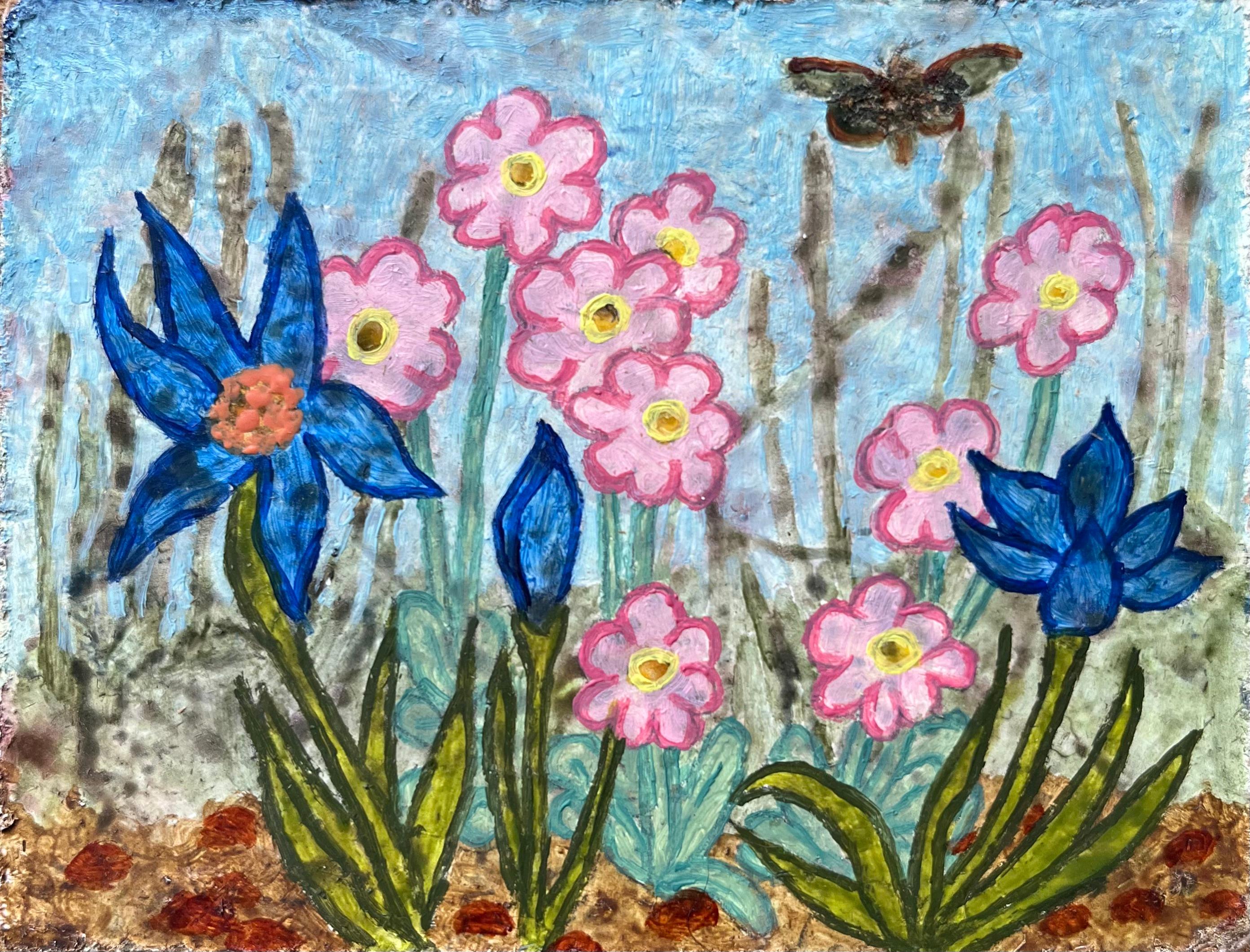 Abstract Painting di Elvic Steele - Pittura a olio surrealista britannica degli anni '60 - Fioritura primaverile sotto un cielo blu