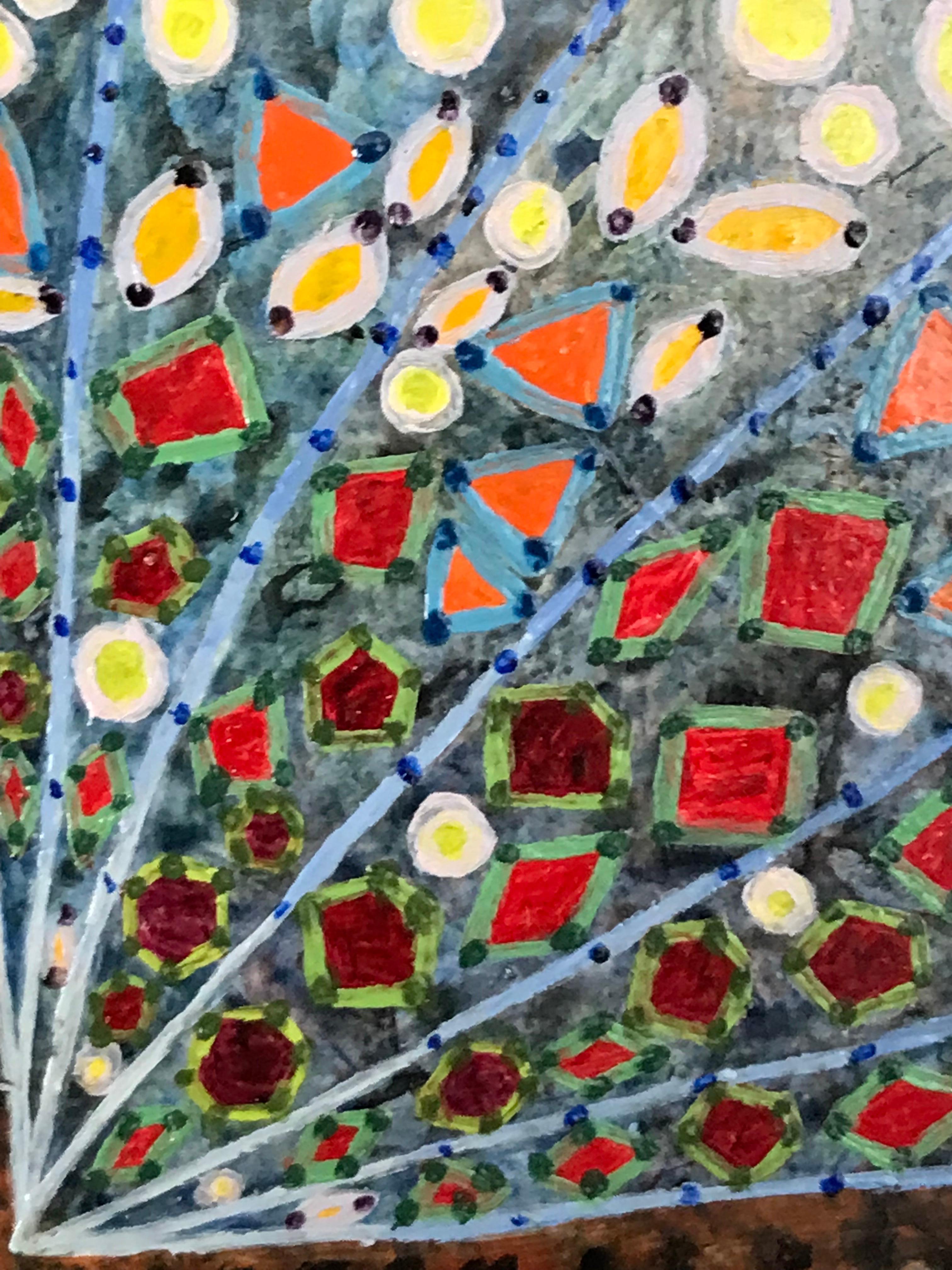 Britisches surrealistisches Ölgemälde aus den 1960er Jahren - Quadratische abstrakte farbenfrohe Formen (Surrealismus), Painting, von Elvic Steele
