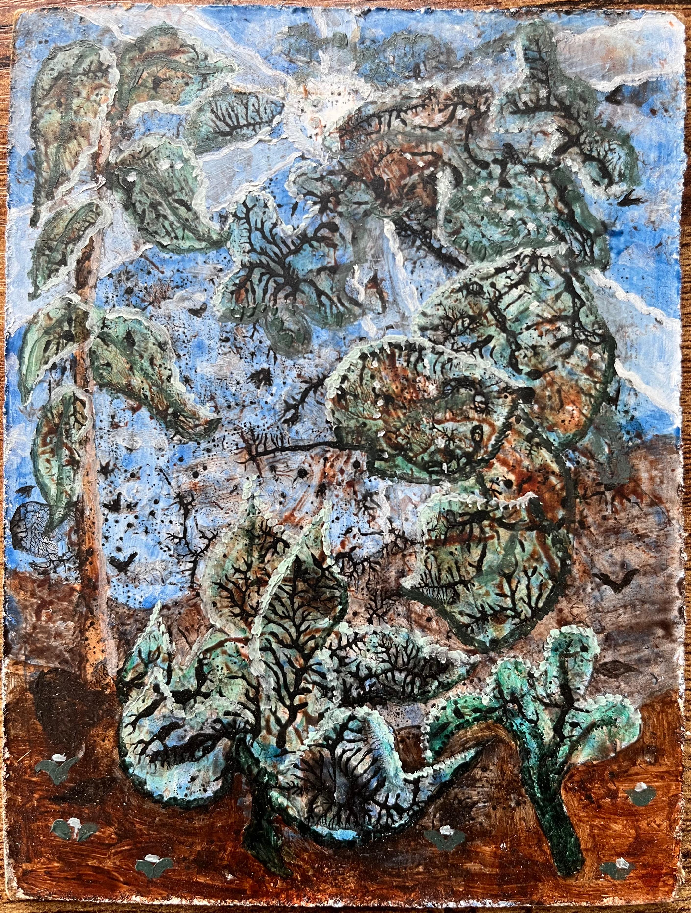 Pittura ad olio surrealista britannica degli anni '60 - Paesaggio botanico strutturato - Painting di Elvic Steele