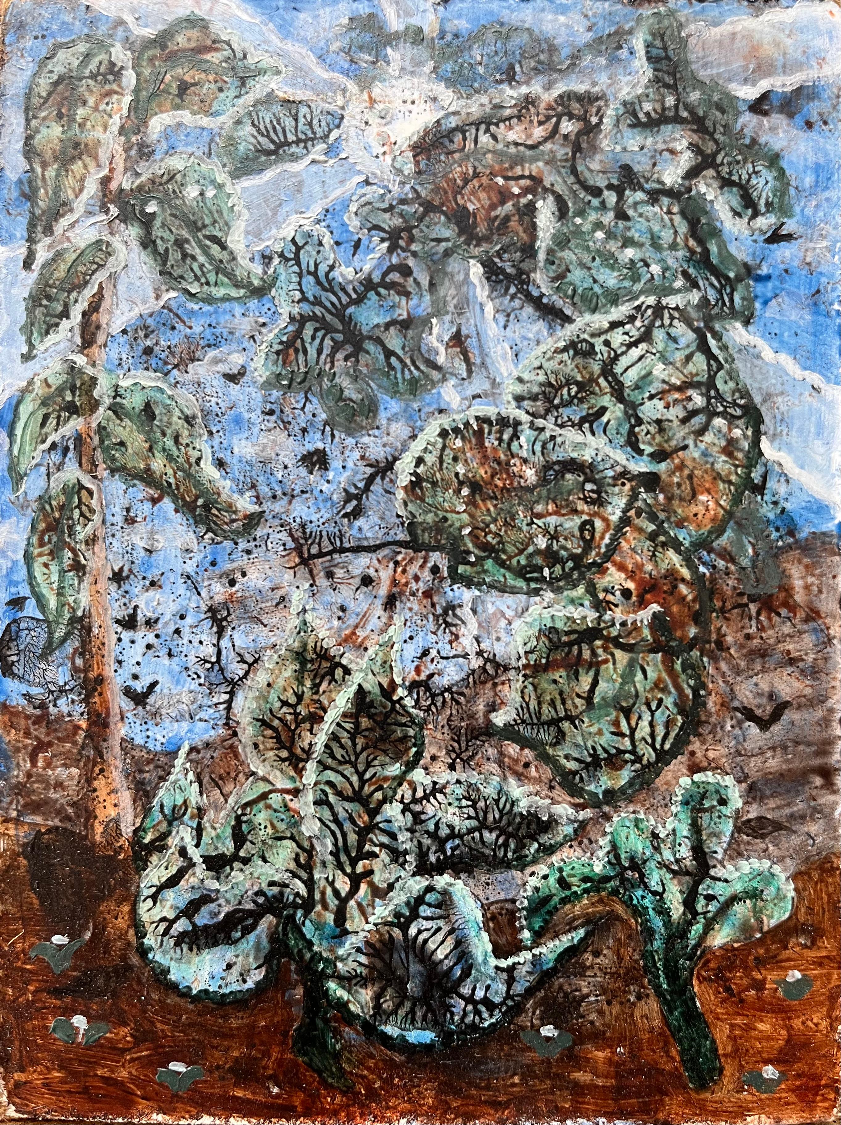 Abstract Painting di Elvic Steele - Pittura ad olio surrealista britannica degli anni '60 - Paesaggio botanico strutturato