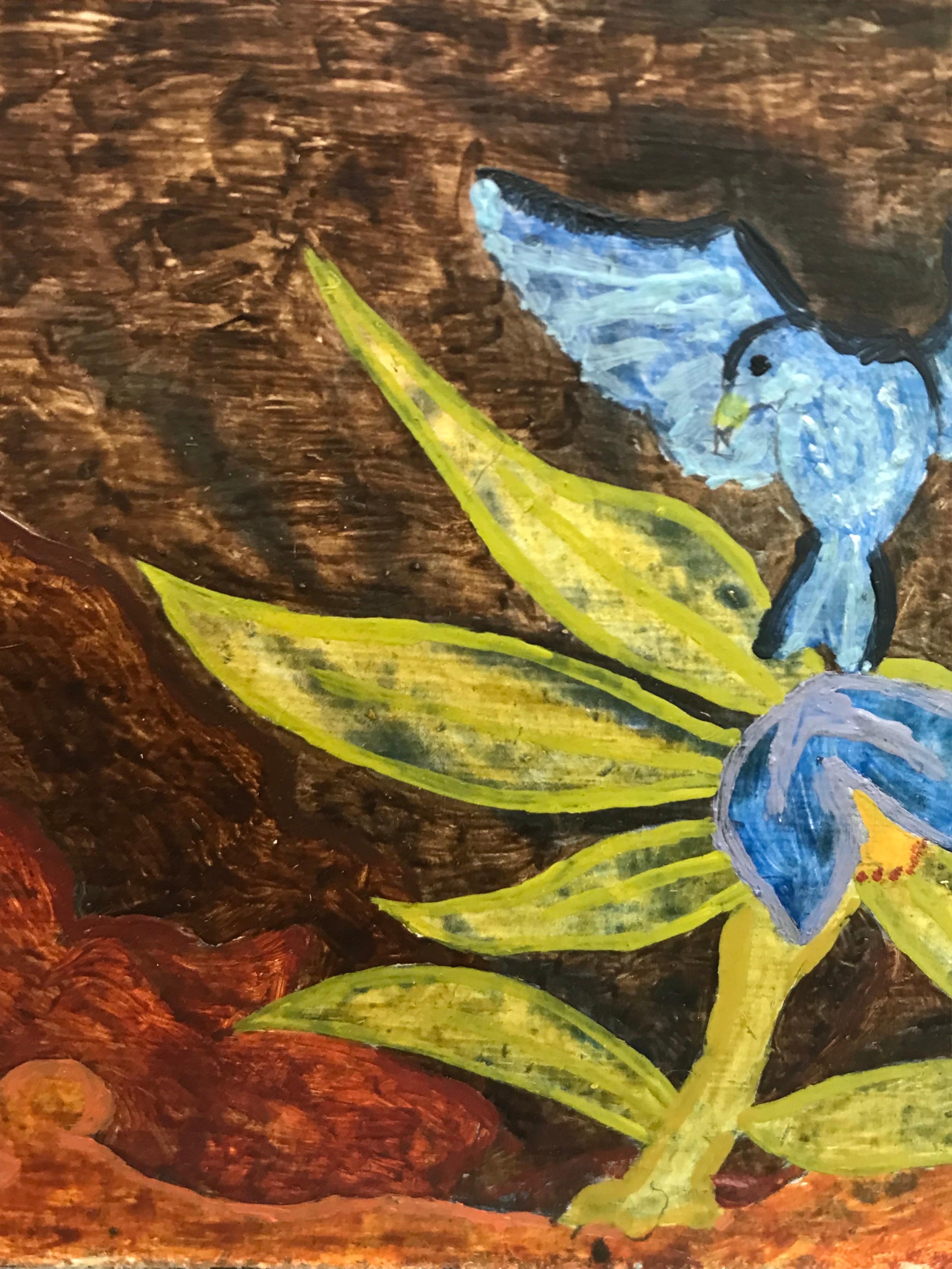Peinture à l'huile surréaliste britannique des années 1960 - Scène d'oiseau bleu - Abstrait coloré - Surréalisme Painting par Elvic Steele
