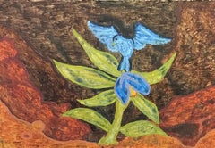 Peinture à l'huile surréaliste britannique des années 1960 - Scène d'oiseau bleu - Abstrait coloré