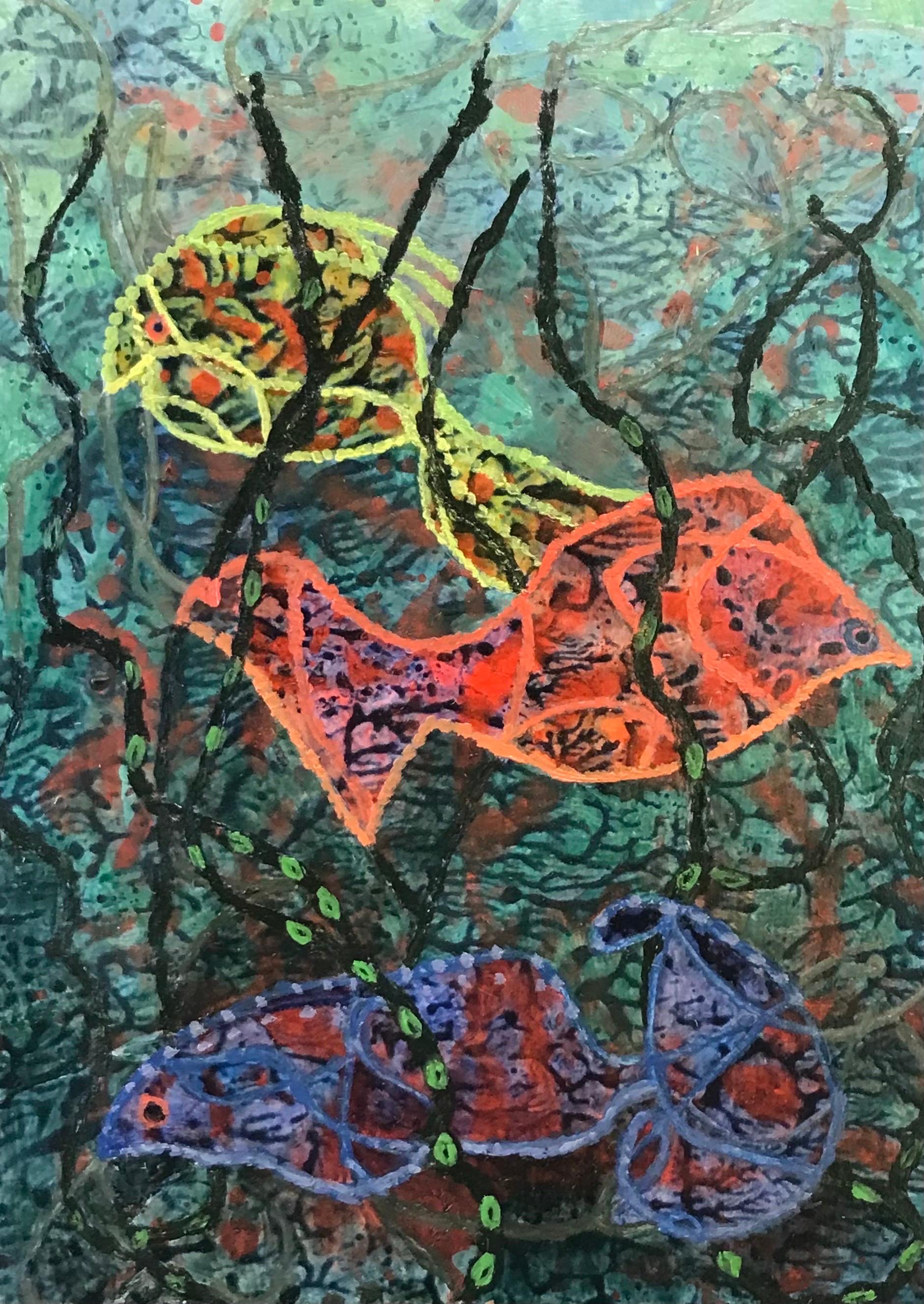 Pittura ad olio surrealista britannica degli anni '60 - 'Il pesce di sotto' Fantasia astratta - Painting di Elvic Steele