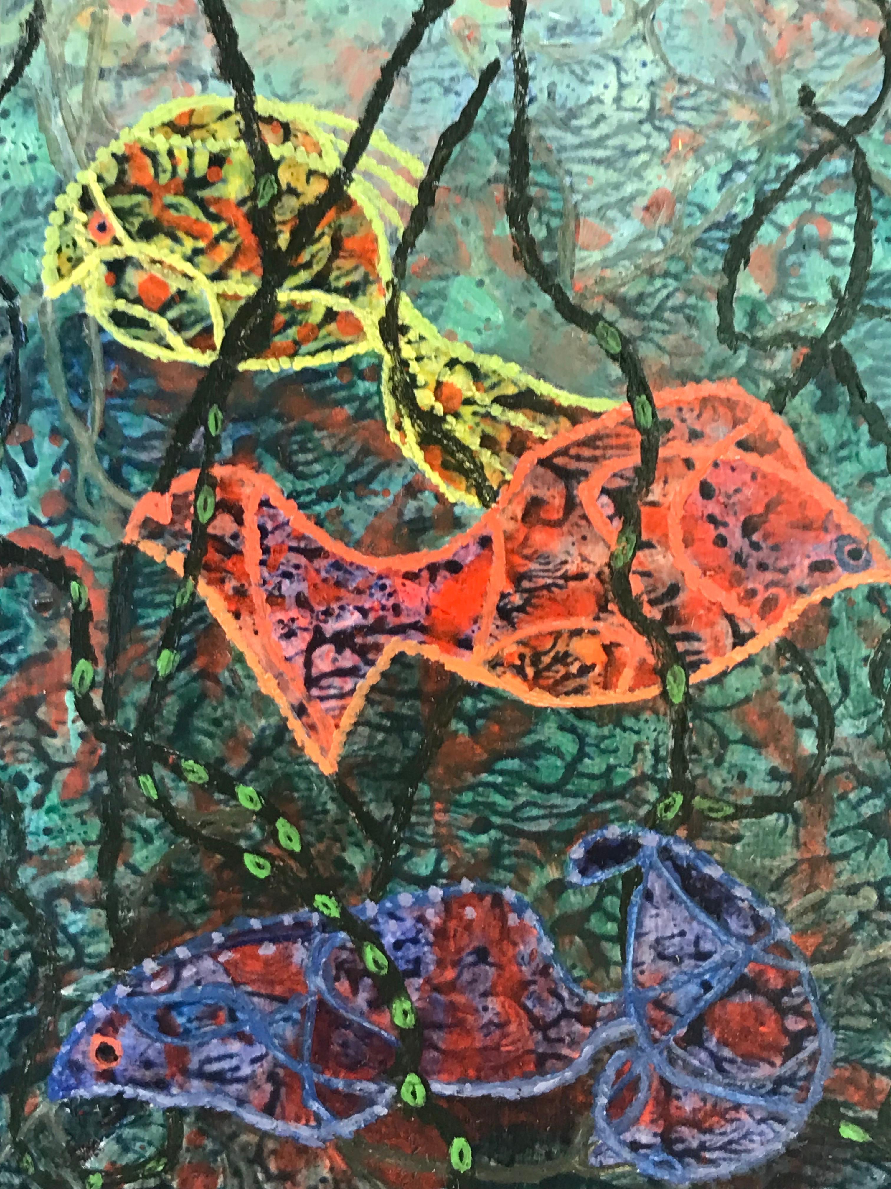 Pittura ad olio surrealista britannica degli anni '60 - 'Il pesce di sotto' Fantasia astratta - Painting Surrealismo di Elvic Steele