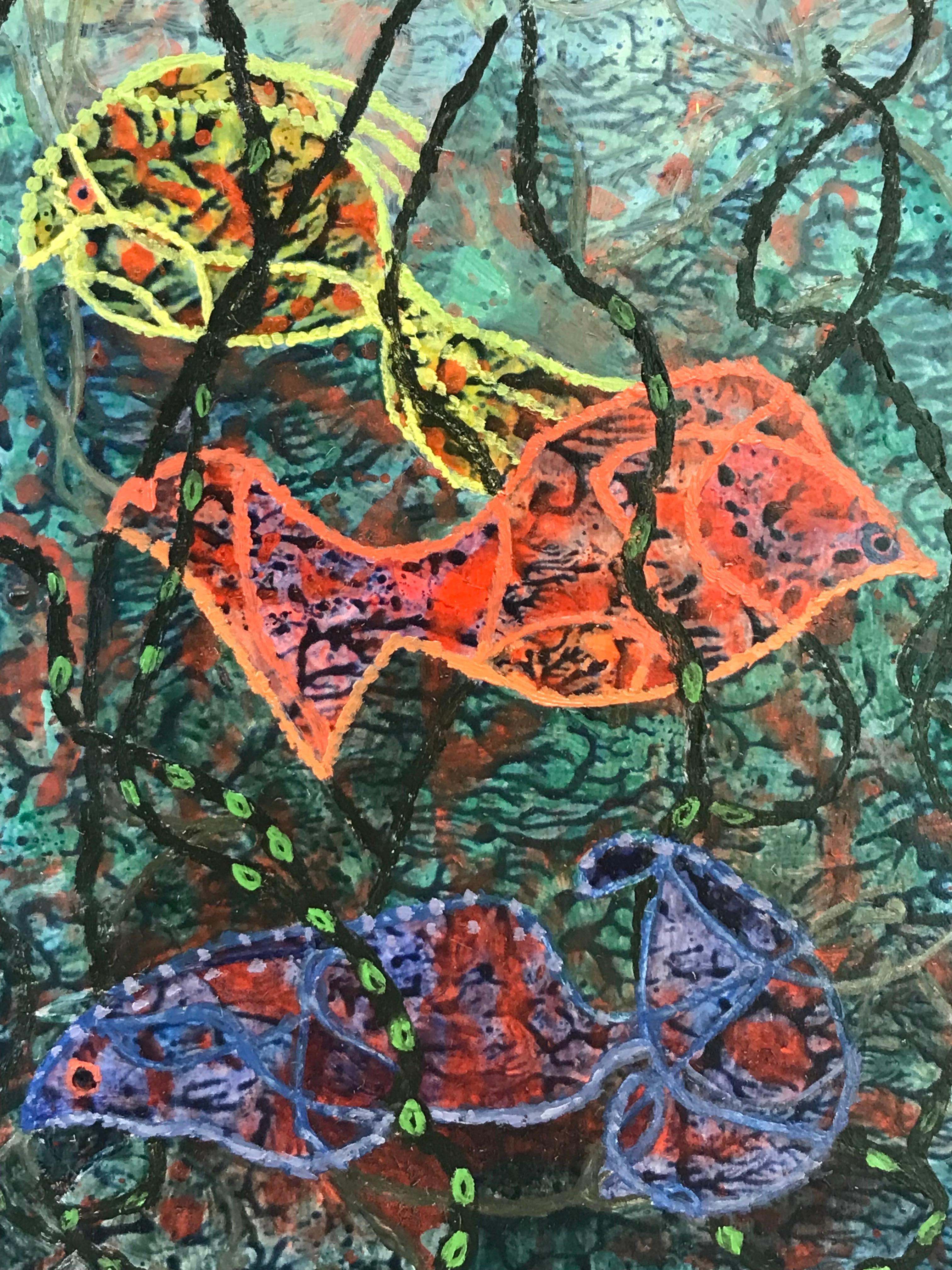 Pittura ad olio surrealista britannica degli anni '60 - 'Il pesce di sotto' Fantasia astratta - Abstract Painting Grigio di Elvic Steele