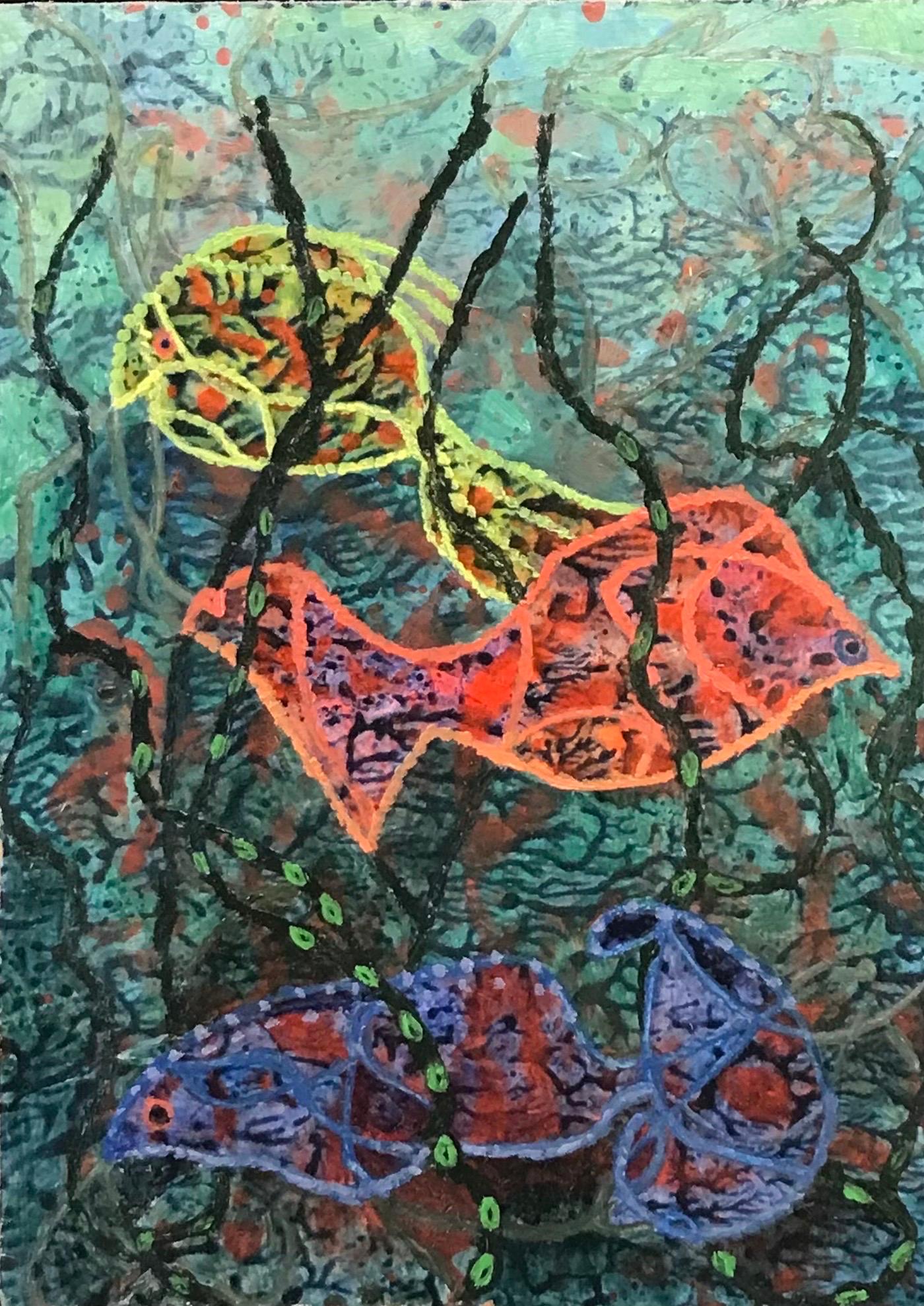 Abstract Painting di Elvic Steele - Pittura ad olio surrealista britannica degli anni '60 - 'Il pesce di sotto' Fantasia astratta