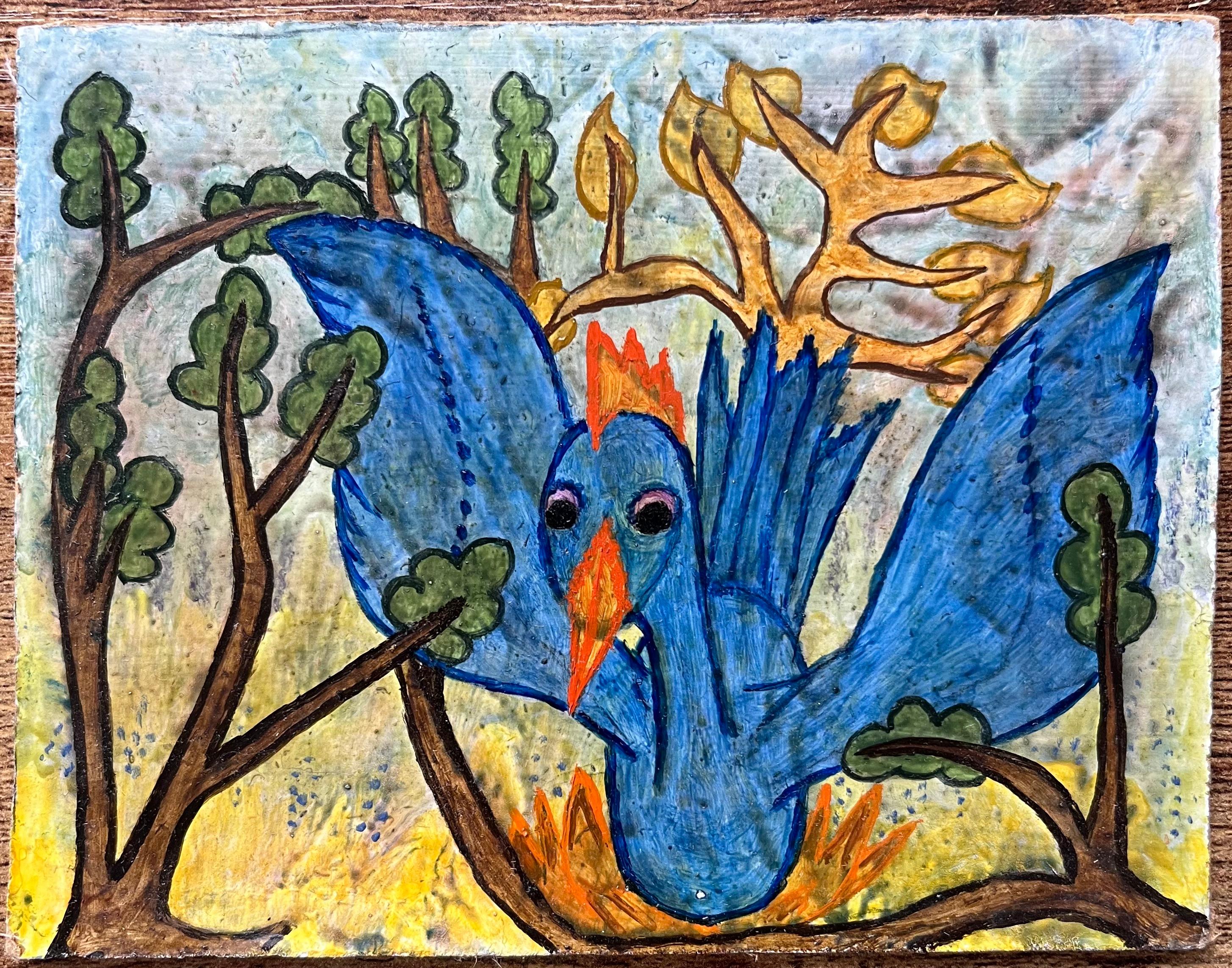Pittura ad olio surrealista britannica degli anni '60 - La fenice tra gli alberi - Painting di Elvic Steele