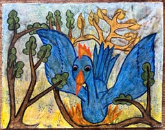 Pittura ad olio surrealista britannica degli anni '60 - La fenice tra gli alberi