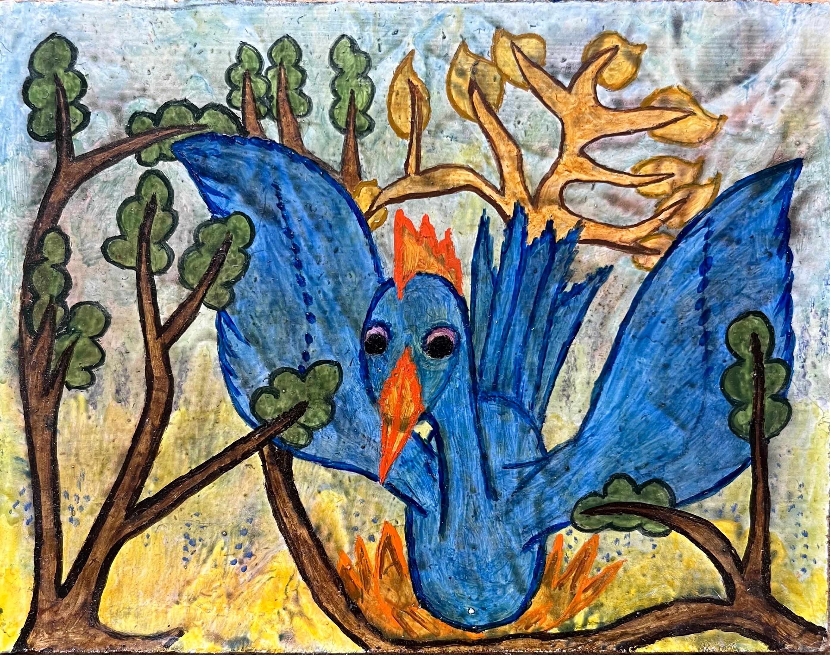 Abstract Painting di Elvic Steele - Pittura ad olio surrealista britannica degli anni '60 - La fenice tra gli alberi