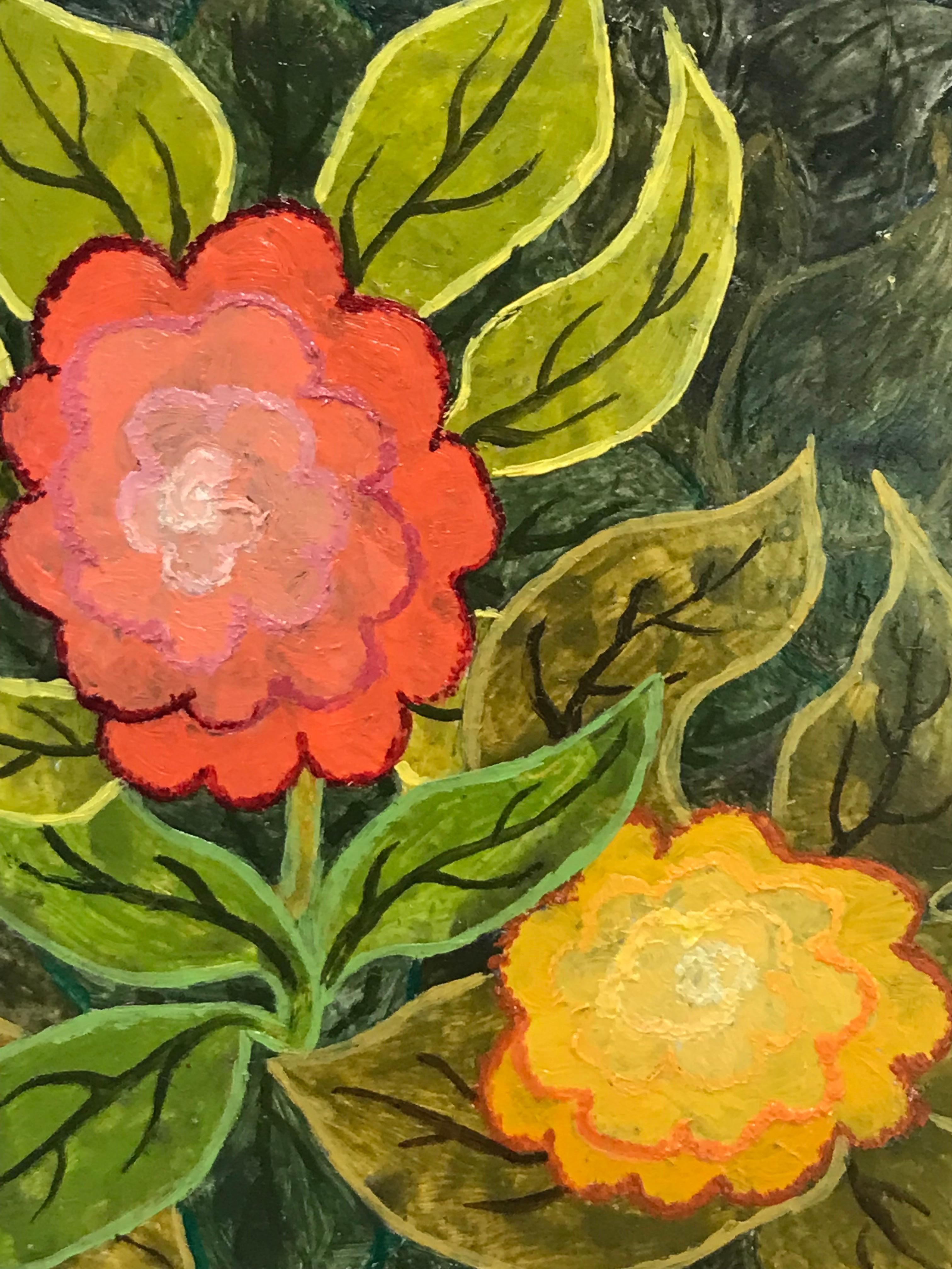 1960's British Surrealist Oil Painting - 'Three Bright Flowers' Abstract - Abstract Painting Marrón de Elvic Steele