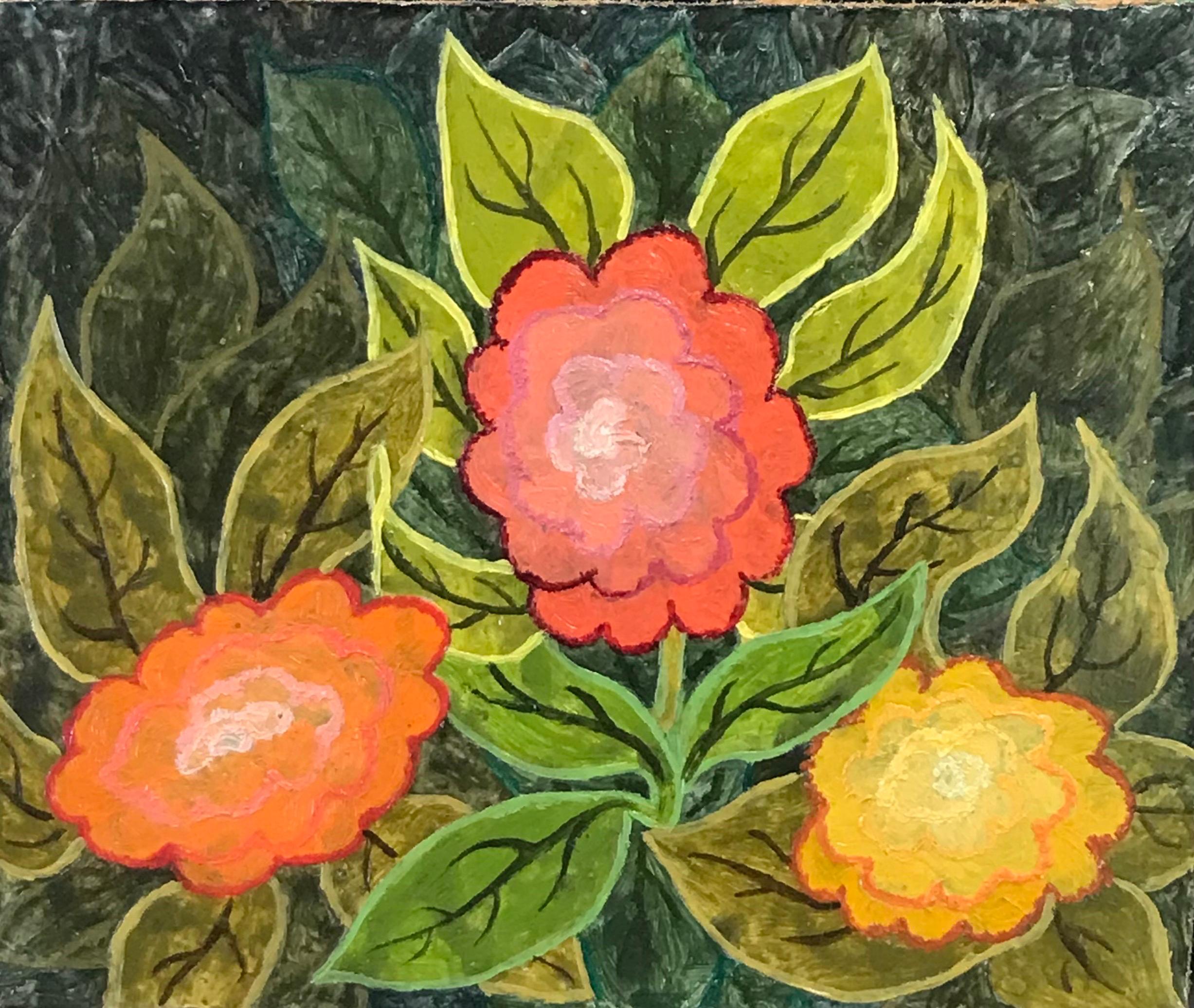 Abstract Painting de Elvic Steele - 1960's British Surrealist Oil Painting - 'Three Bright Flowers' Abstract