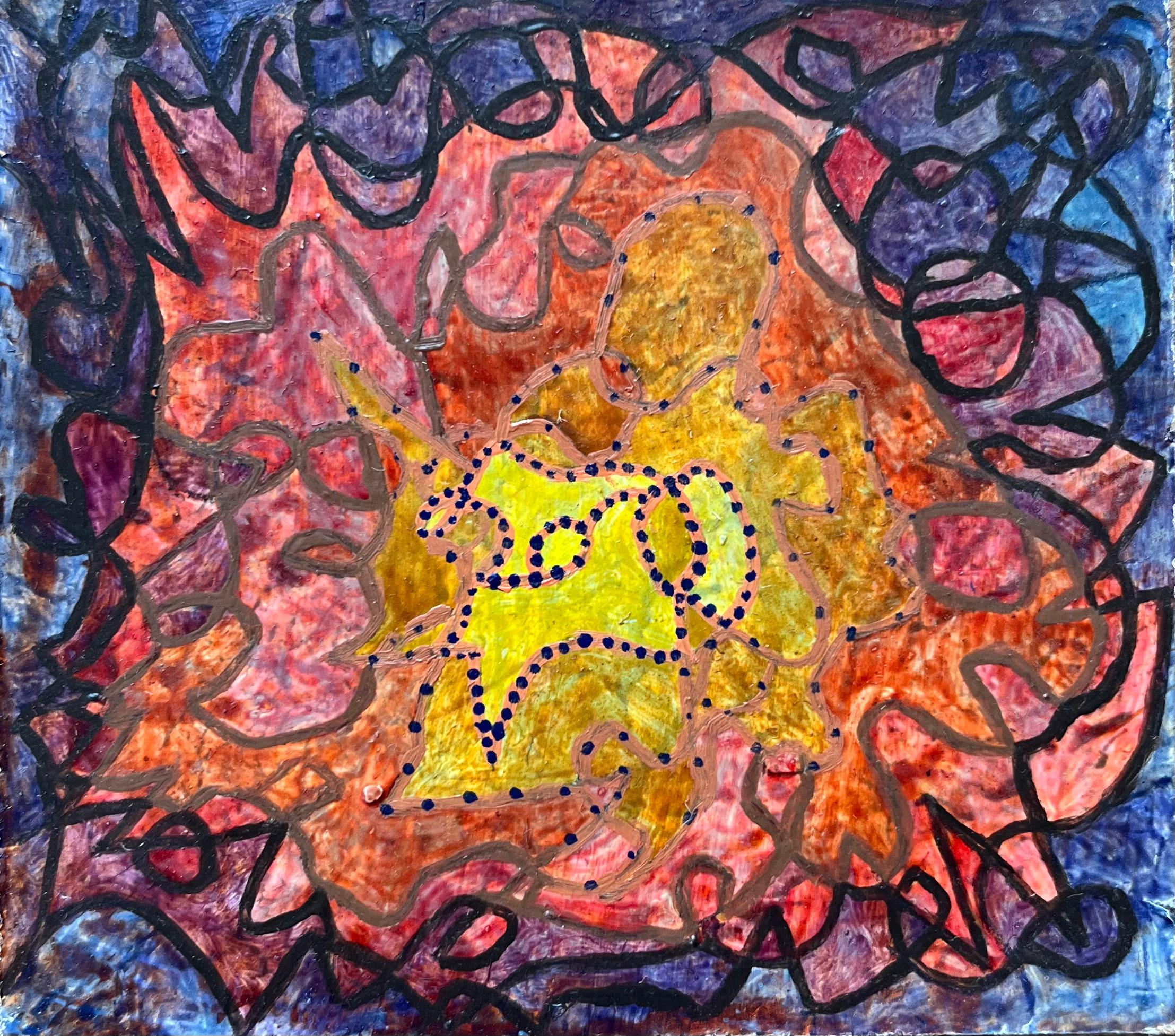 Abstract Painting di Elvic Steele - Pittura a olio surrealista britannica degli anni '60 - "La verità nascosta in una ragnatela di parole"