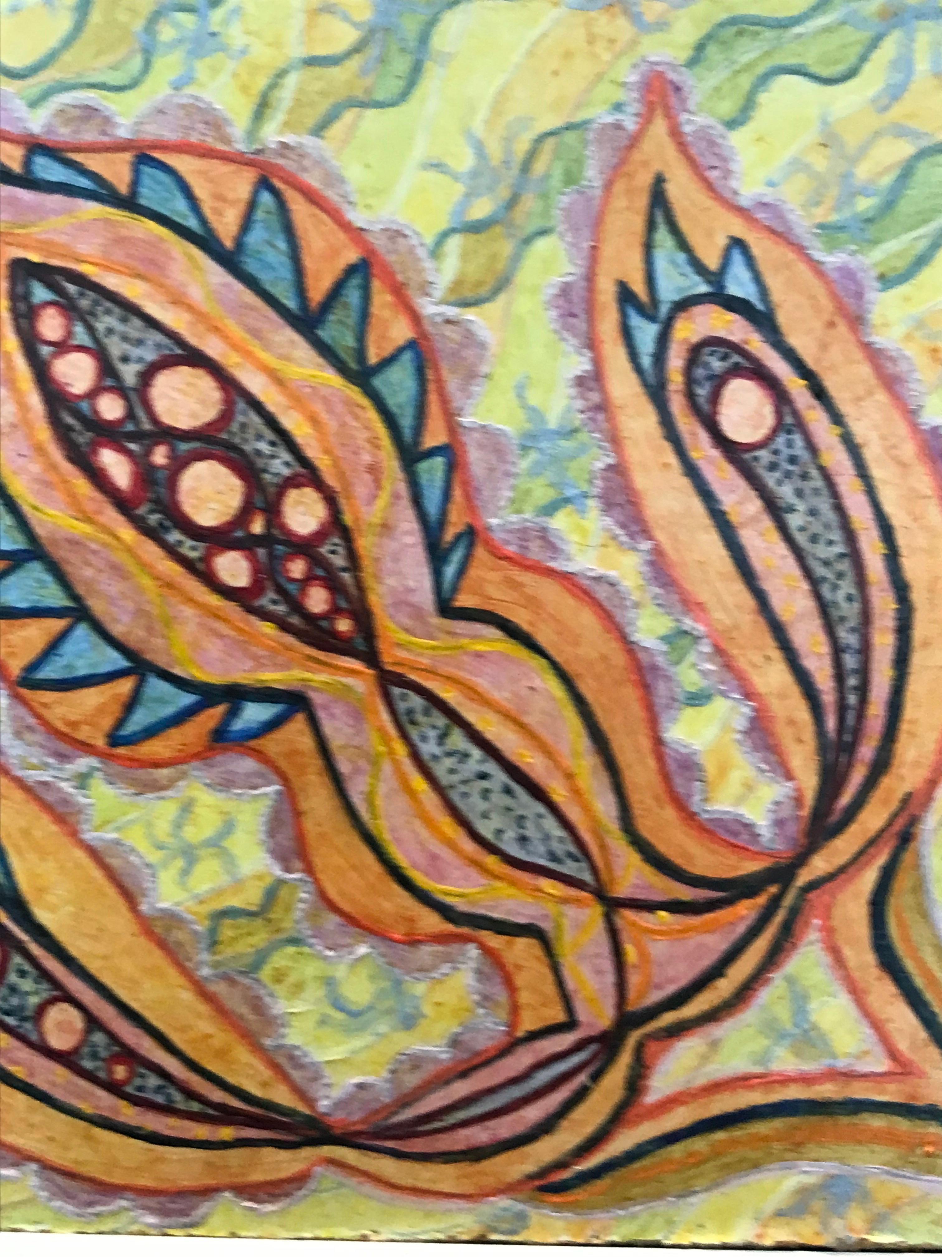 Pittura ad olio surrealista britannica degli anni '60 - 'Vibrant Hippie Print' Astratto - Painting di Elvic Steele