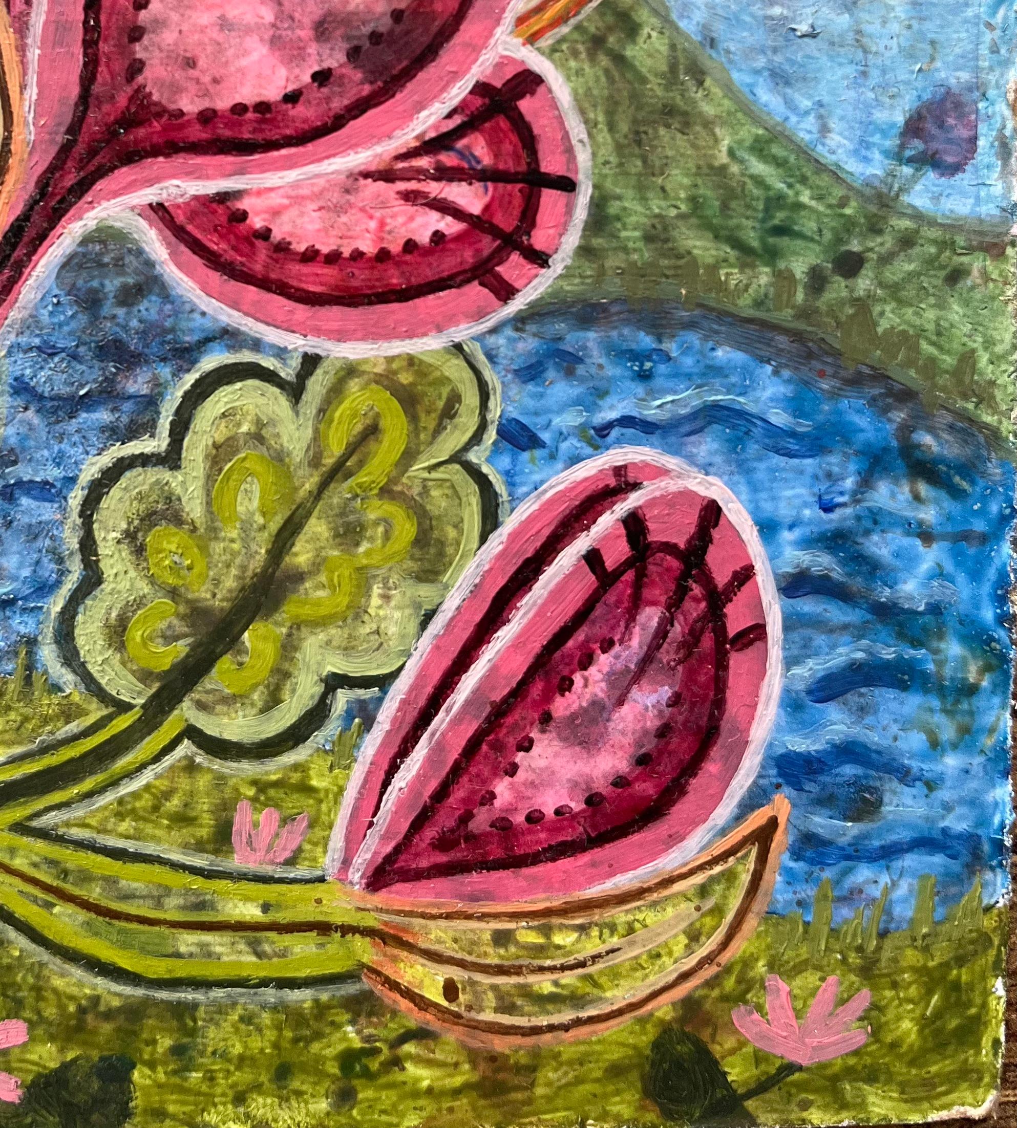 Pittura ad olio surrealista britannica degli anni '60 - Capriccio floreale astratto con uccelli - Painting Surrealismo di Elvic Steele