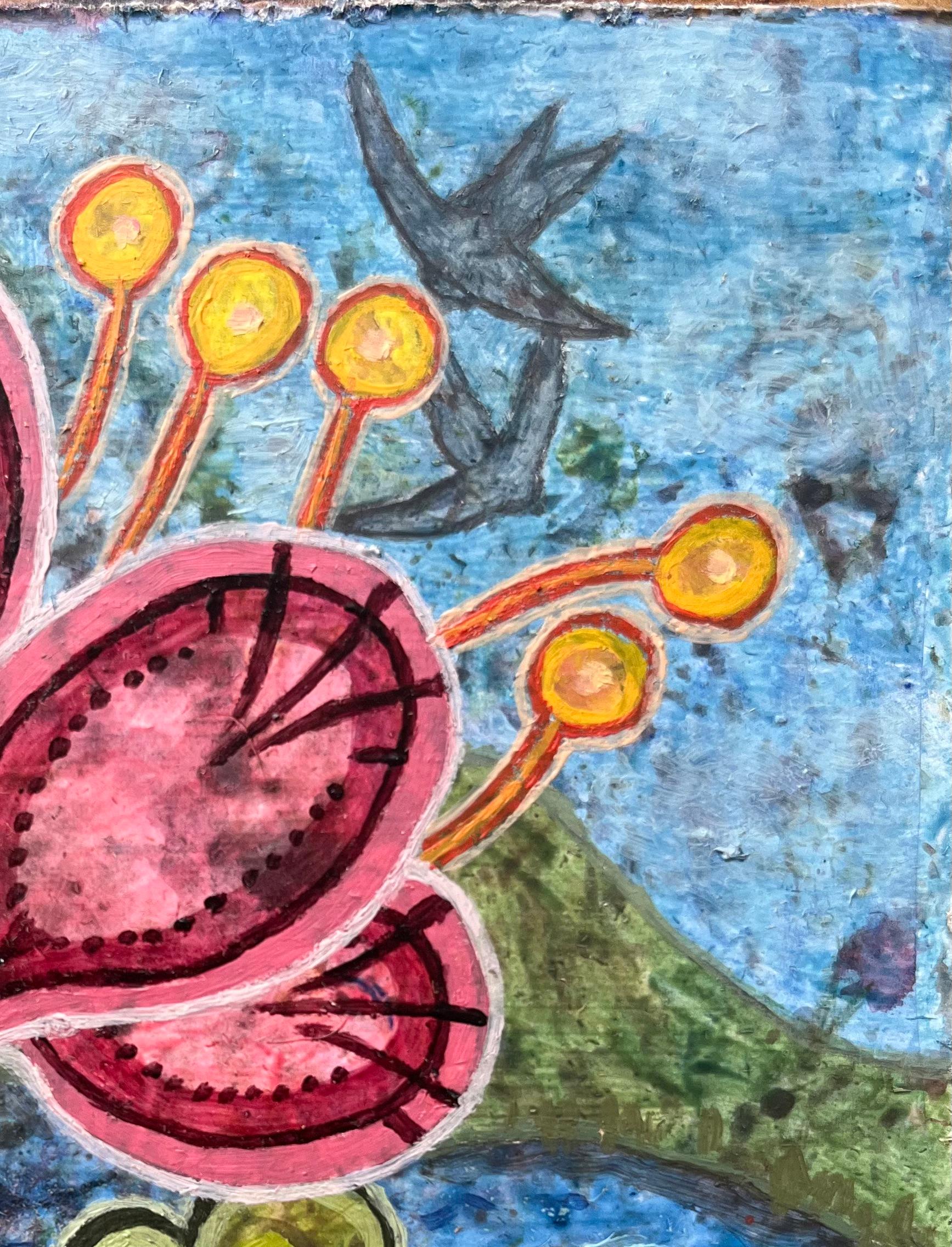 Pittura ad olio surrealista britannica degli anni '60 - Capriccio floreale astratto con uccelli - Abstract Painting Grigio di Elvic Steele