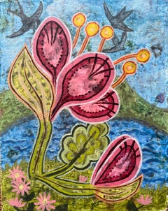 1960's British Surrealist Oil Painting - Whimsy Floral Abstract with Birds