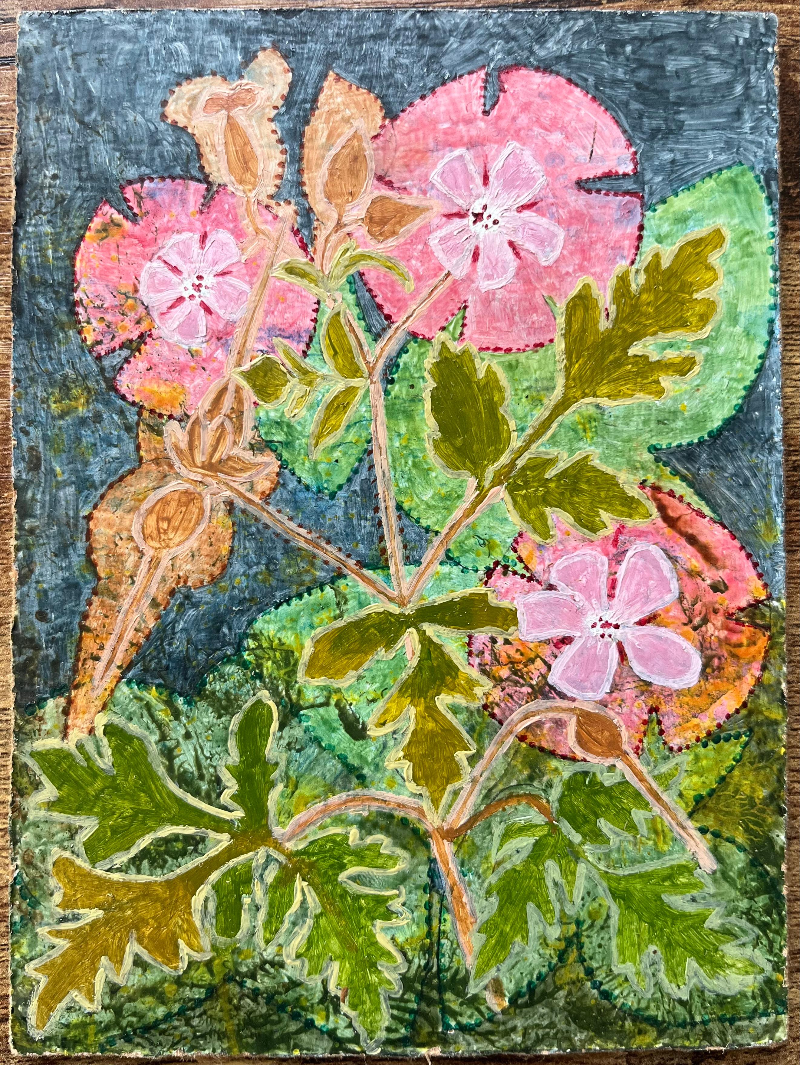 Pittura ad olio surrealista britannica degli anni '60 - 'Geranio selvatico': Studio floreale botanico - Painting di Elvic Steele