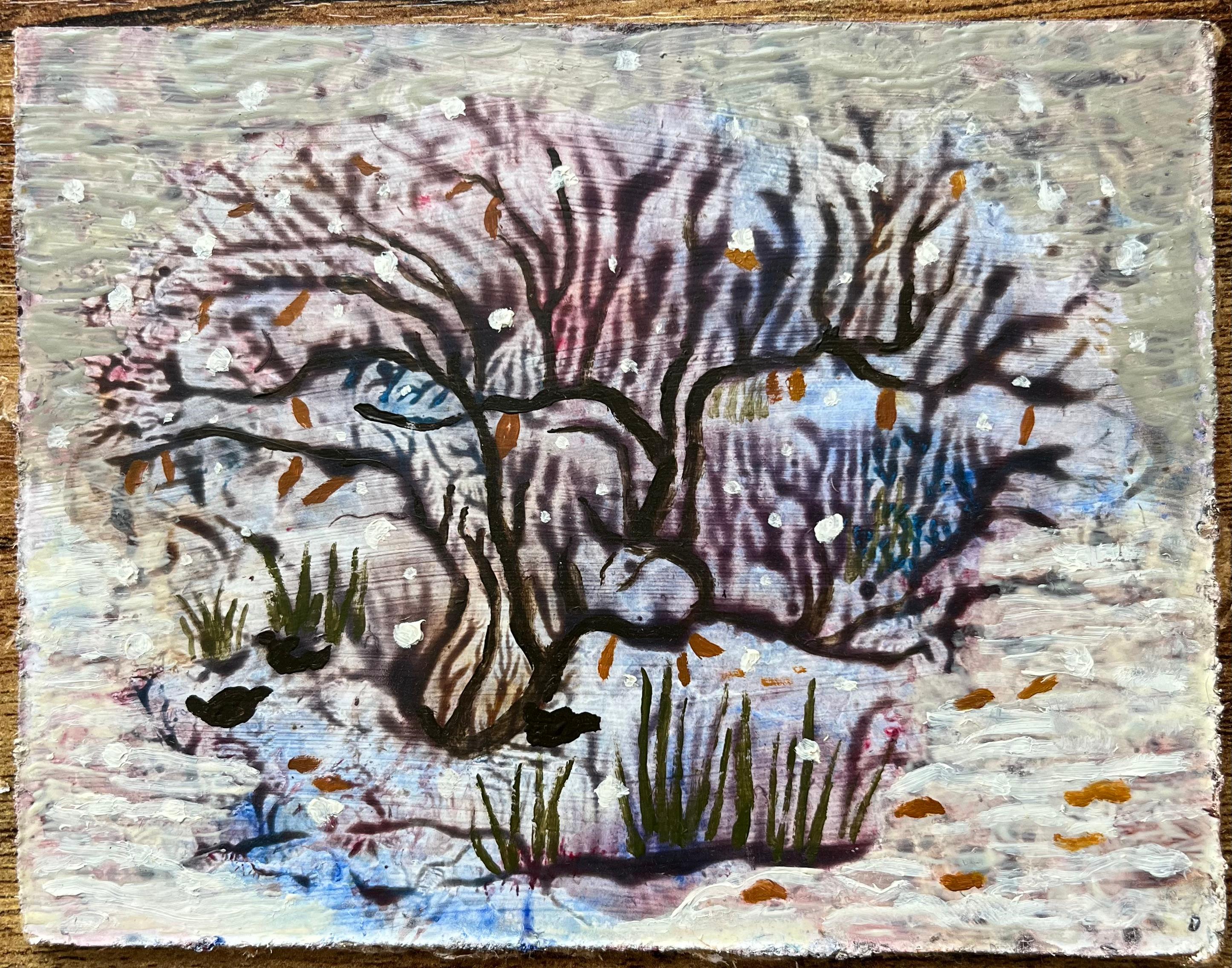 Pittura a olio surrealista britannica degli anni '60 - Albero d'inverno in fiore - Painting di Elvic Steele