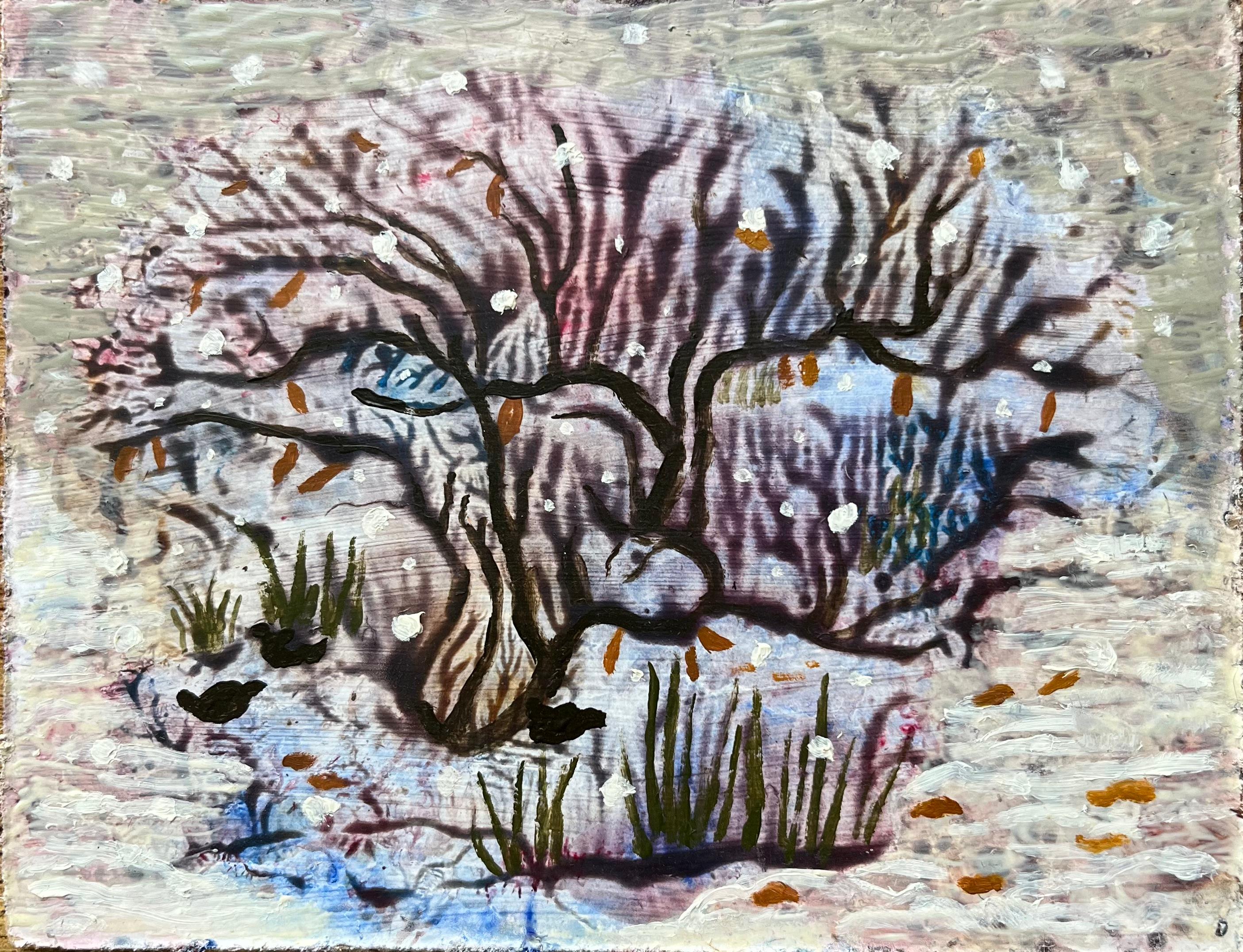 Abstract Painting di Elvic Steele - Pittura a olio surrealista britannica degli anni '60 - Albero d'inverno in fiore