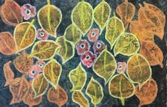 Pintura al óleo surrealista británica de los años 60 - 'Hojas amarillas y naranjas' Abstracta