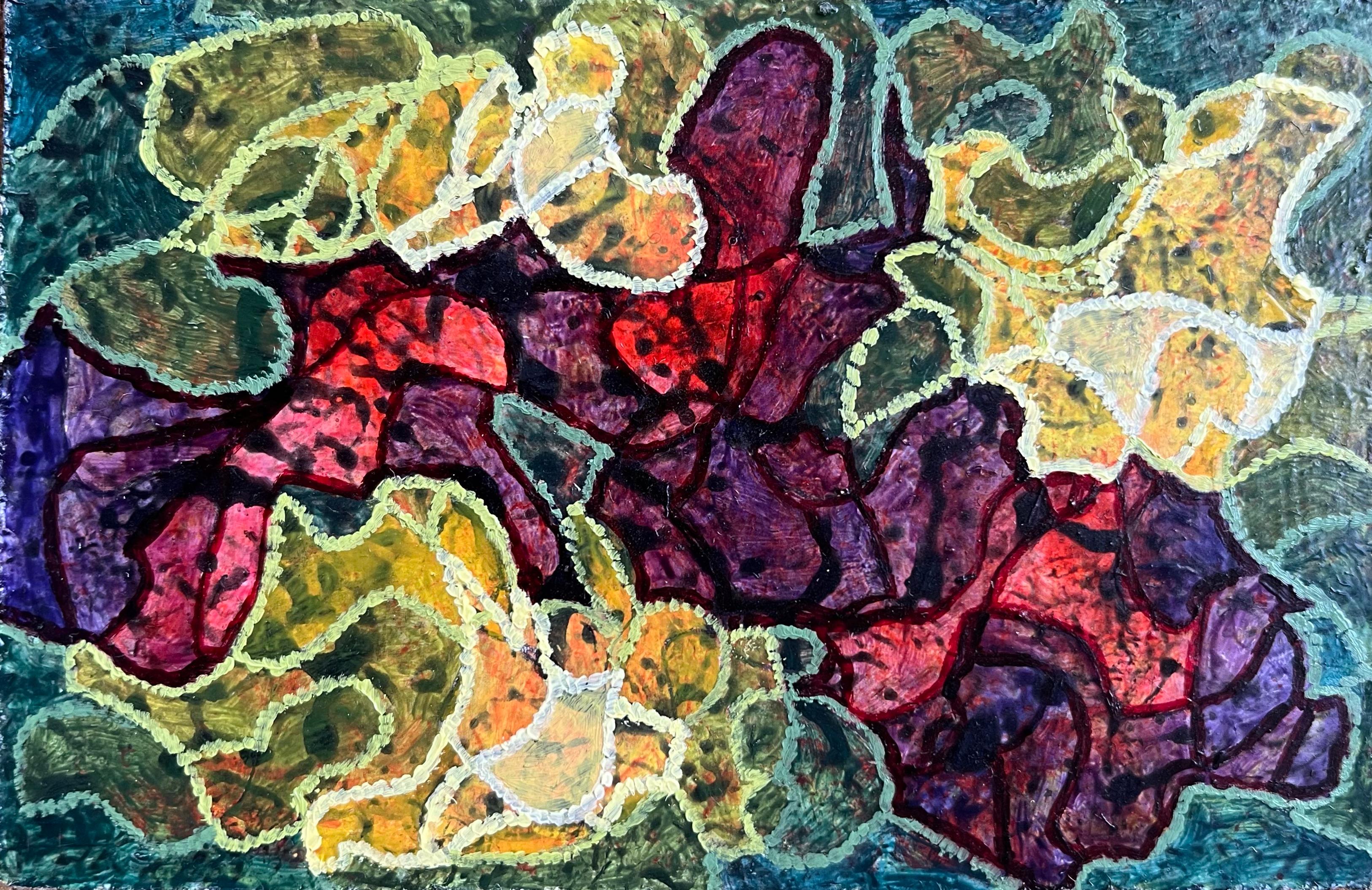 Abstract Painting di Elvic Steele - Pittura a olio surrealista britannica degli anni '60 - "Brillantezza gialla + bagliore rosso"