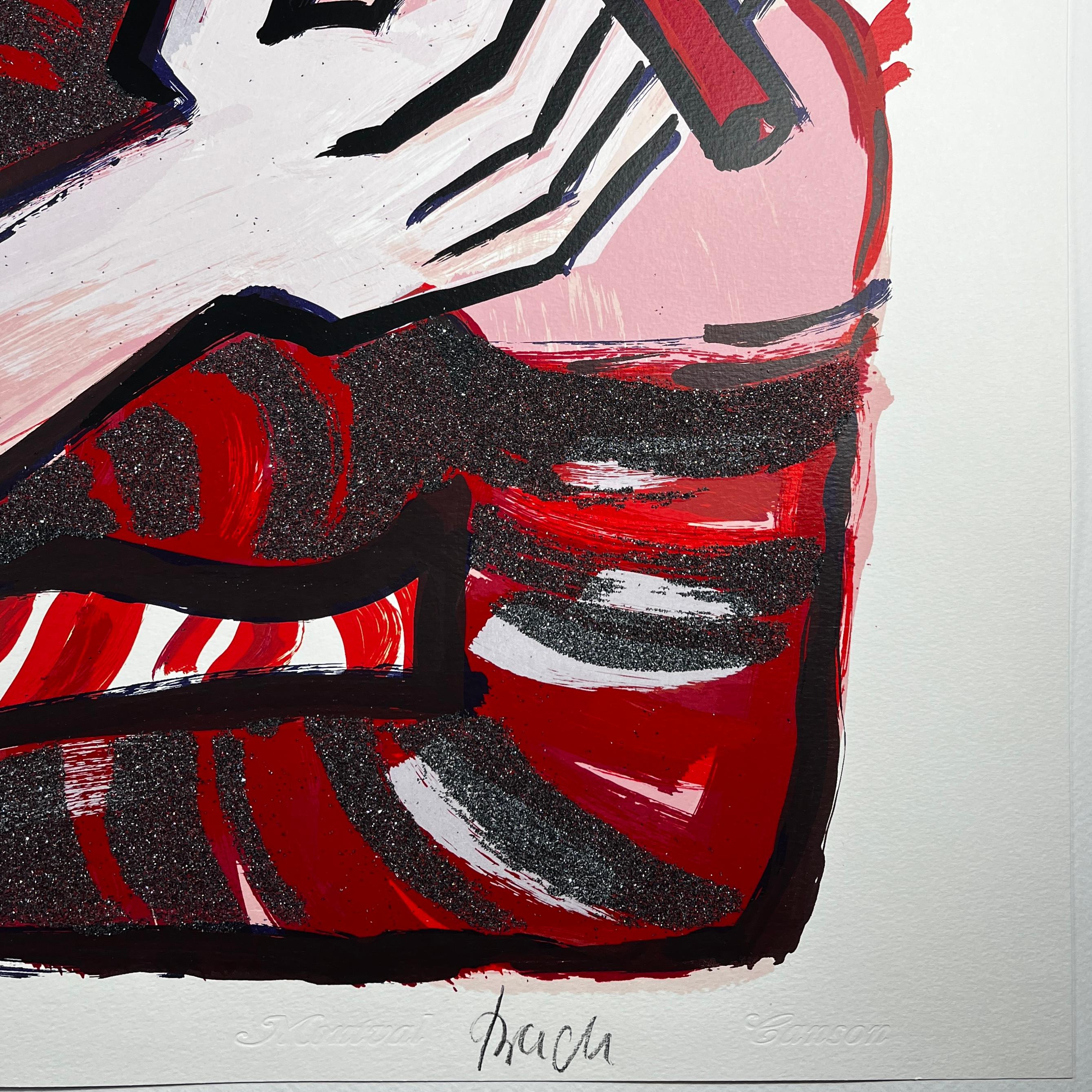 Original screenprint wdiamond dust signed 2004 German artist black woman 30x41in - Orange Portrait Print by Elvira Bach