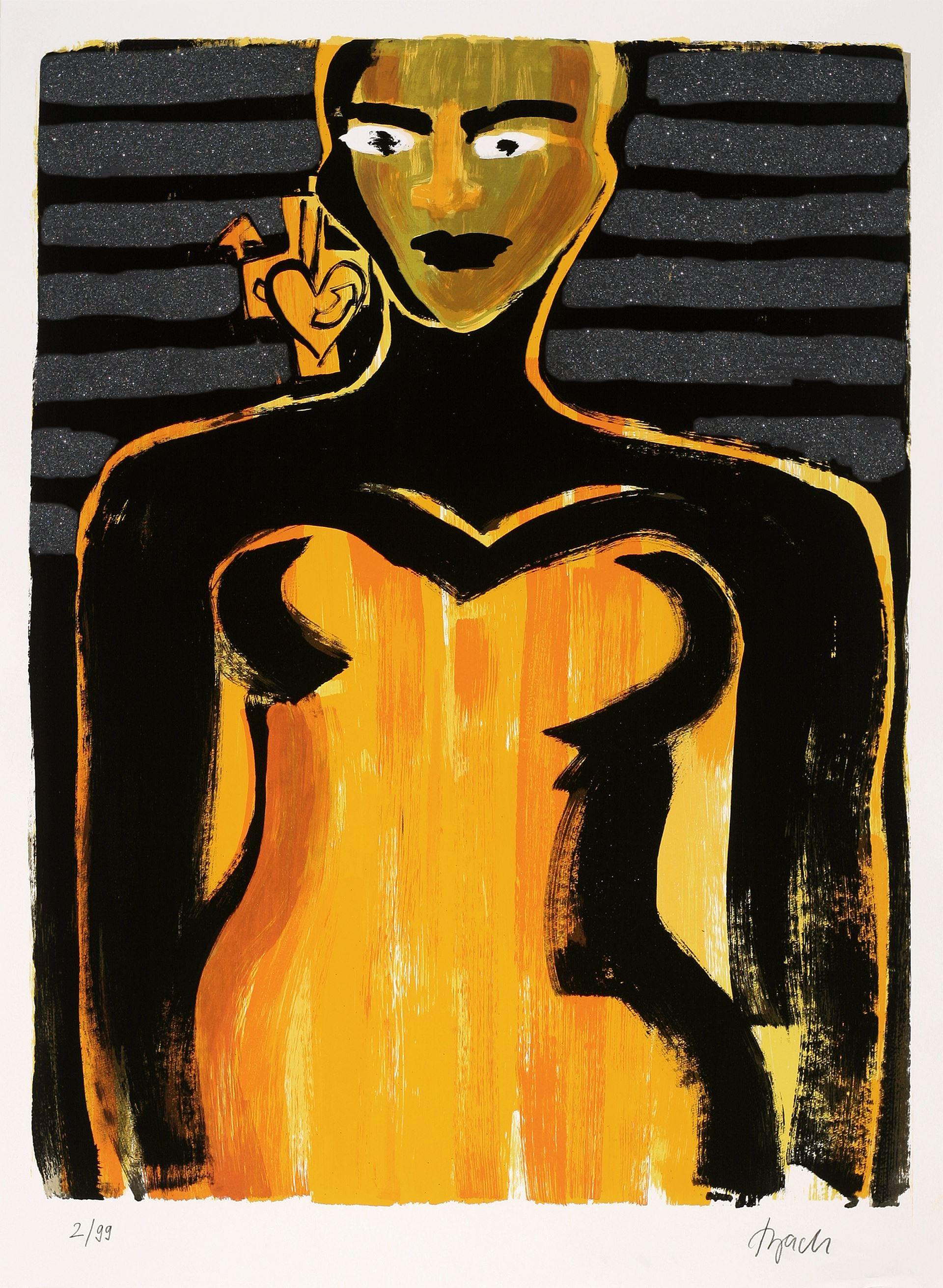 Portrait Print de Elvira Bach - Serigrafía original con polvo de diamante firmada 2004 German artist mujer negra 41x30in