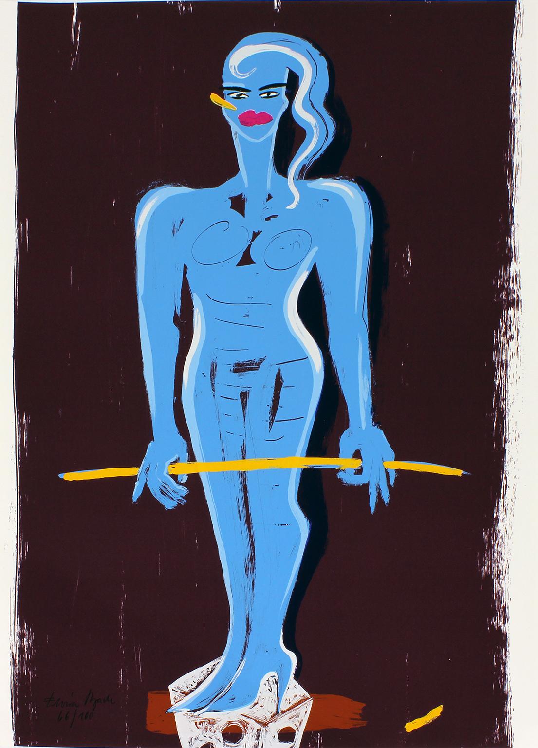 "Untitled" serigraph on smooth cardboard of woman in blue by artist Elvira Bach from the "Kinderstern" portfolio, published in 1989 by Edition Domberger to raise money to house families of children hospitalized with cancer. Signed Elvira Bach and