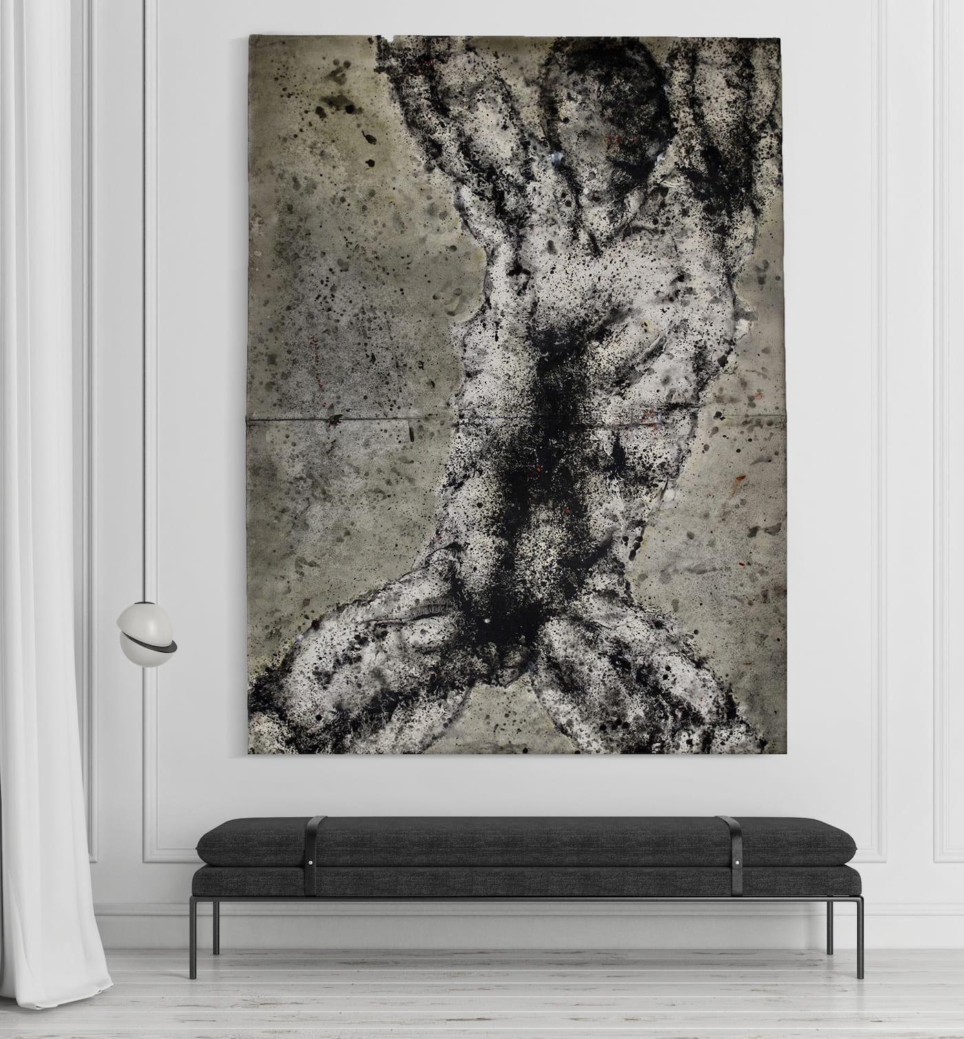 Body I by Ferle - Abstract painting, male body, movement, neutral tones, man - Painting by Elvire Ferle