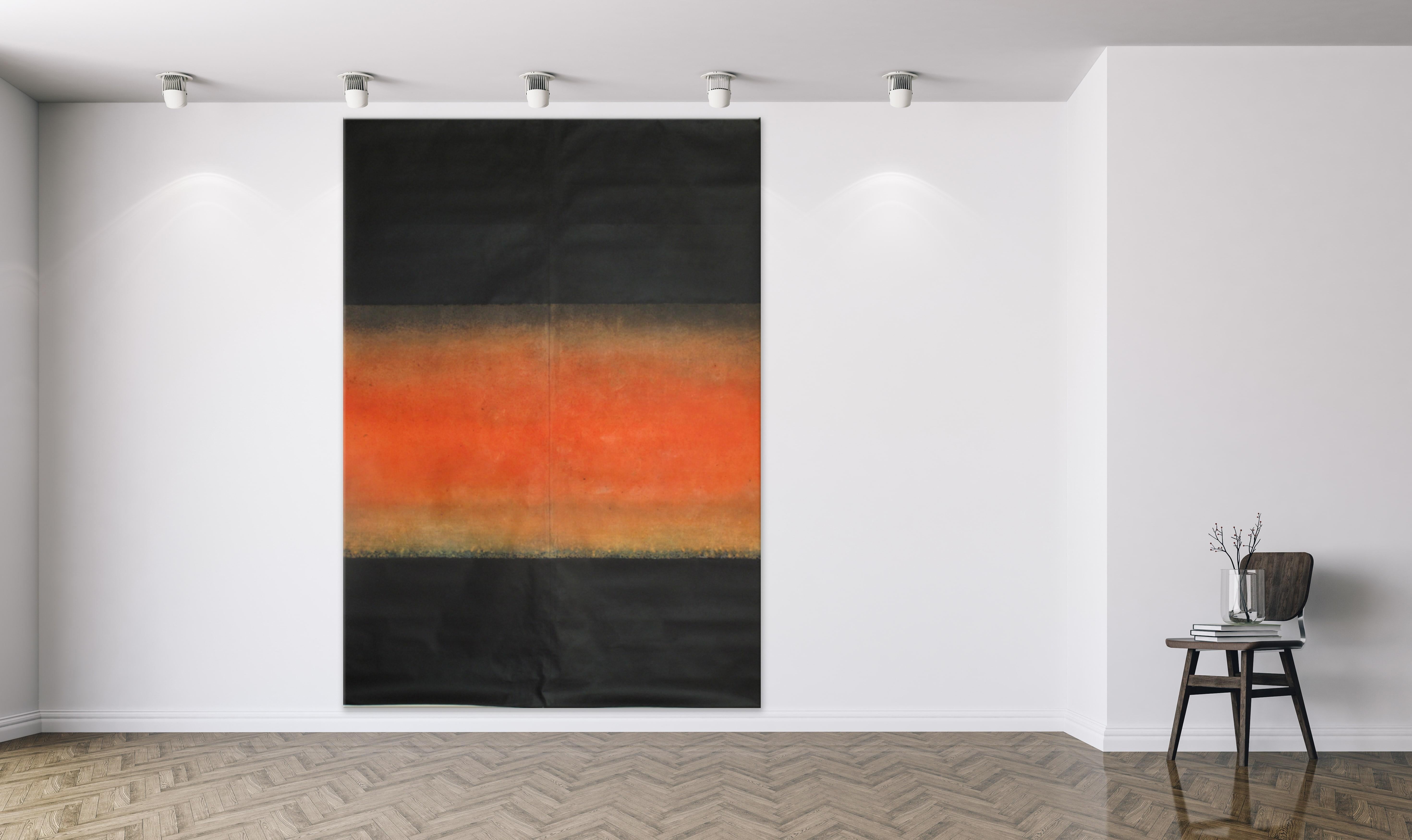 Ohne Titel I von Ferle – Großes abstraktes Gemälde, schwarz und orange, dunkel – Painting von Elvire Ferle