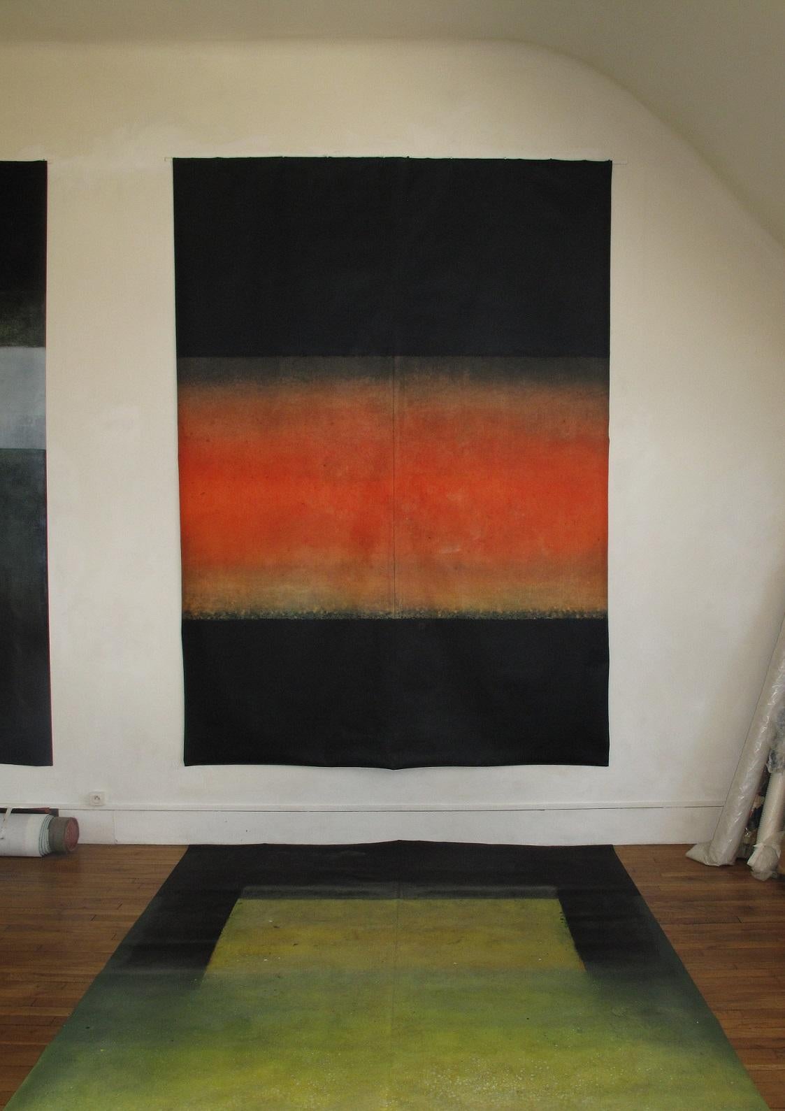 Ohne Titel I von Ferle – Großes abstraktes Gemälde, schwarz und orange, dunkel (Abstrakt), Painting, von Elvire Ferle