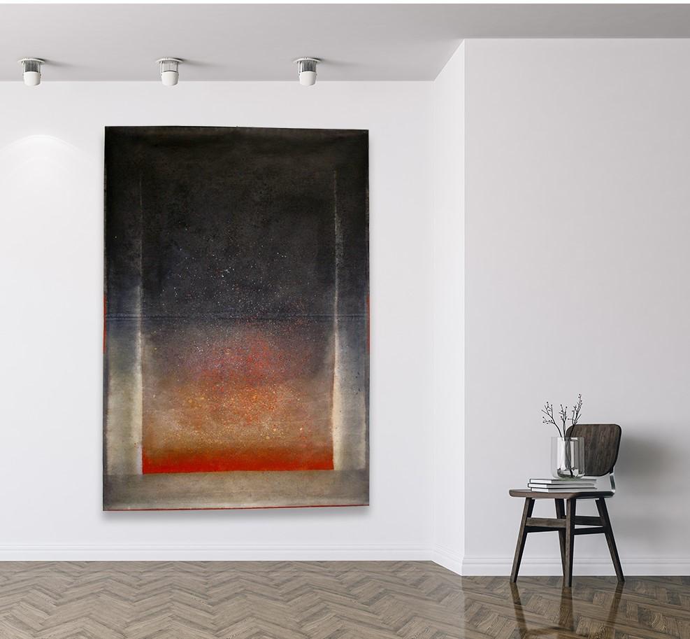 Ohne Titel L von Ferle - Großes abstraktes Gemälde, rot und schwarz, dunkeler Hintergrund – Painting von Elvire Ferle